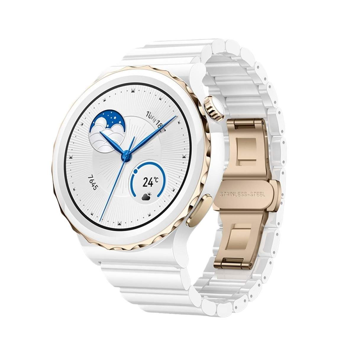 Uno smartwatch bianco con dettagli dorati. Il quadrante mostra ora, data e temperatura. Il cinturino è bianco.