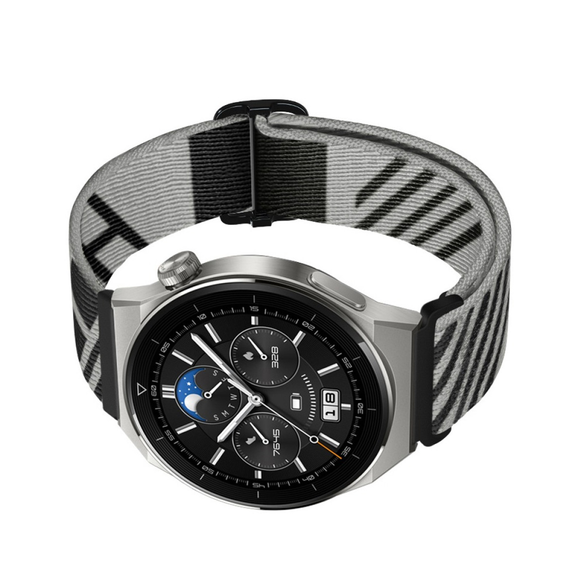 Eine silberne Smartwatch mit einem schwarz-weiß gestreiften Armband. Das Zifferblatt zeigt Zeit und Datum.