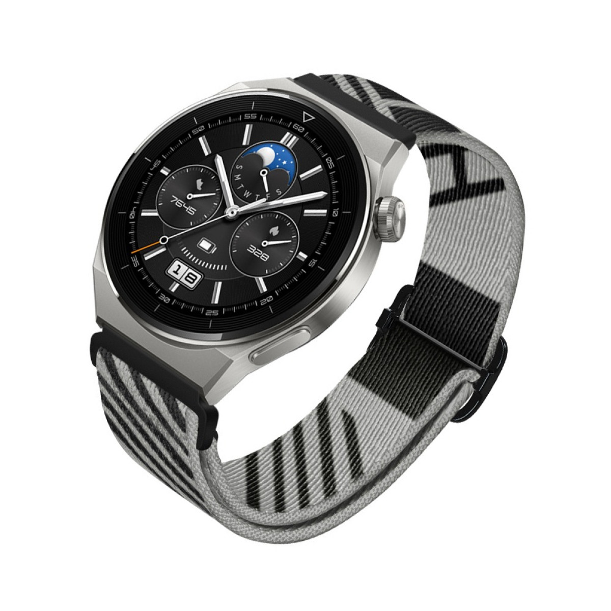 Eine silberne Smartwatch mit schwarzem Zifferblatt und einem grau-schwarz gestreiften Armband. Die Uhr zeigt Datum und Uhrzeit.