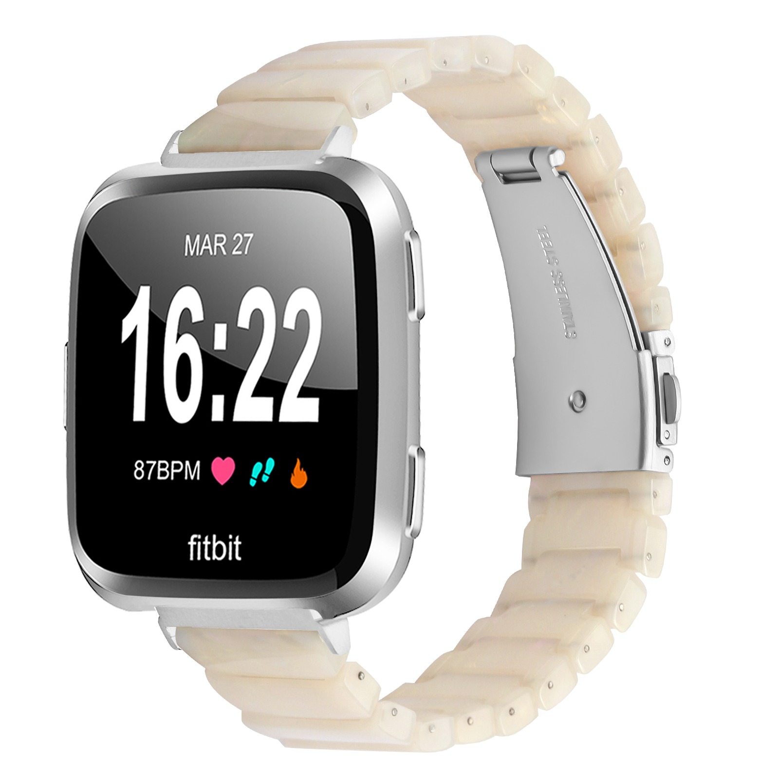 Eine Fitbit-Smartwatch mit cremefarbenem Armband zeigt die Uhrzeit 16:22 an. Die Uhr zeigt Herzfrequenz, Schritte und ein Flammensymbol.