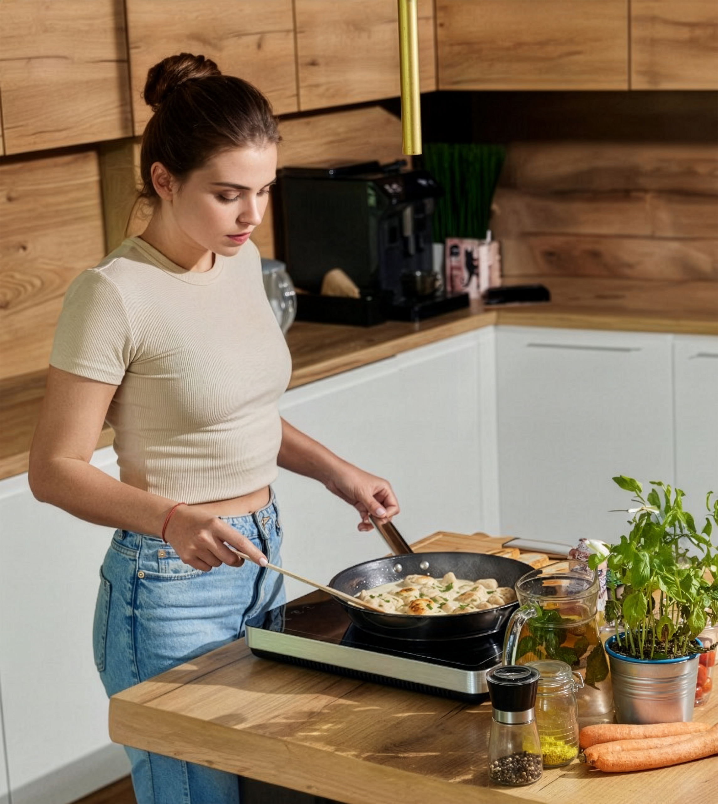 Kobieta gotuje w kuchni. Miesza jedzenie na patelni. Na blacie znajdują się różne składniki i rośliny.