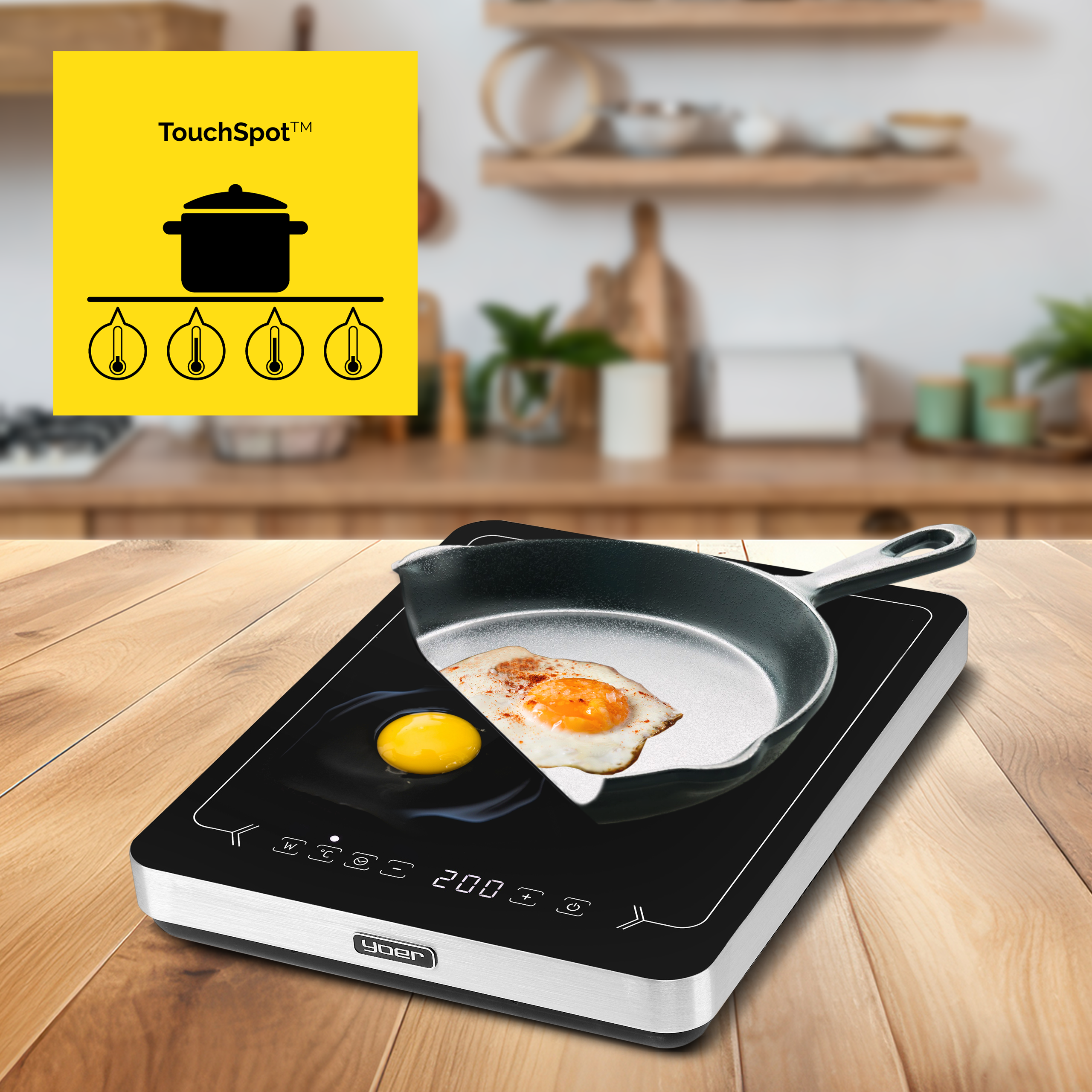 Płyta indukcyjna z jajkiem sadzonym na patelni. Żółte logo w lewym górnym rogu.