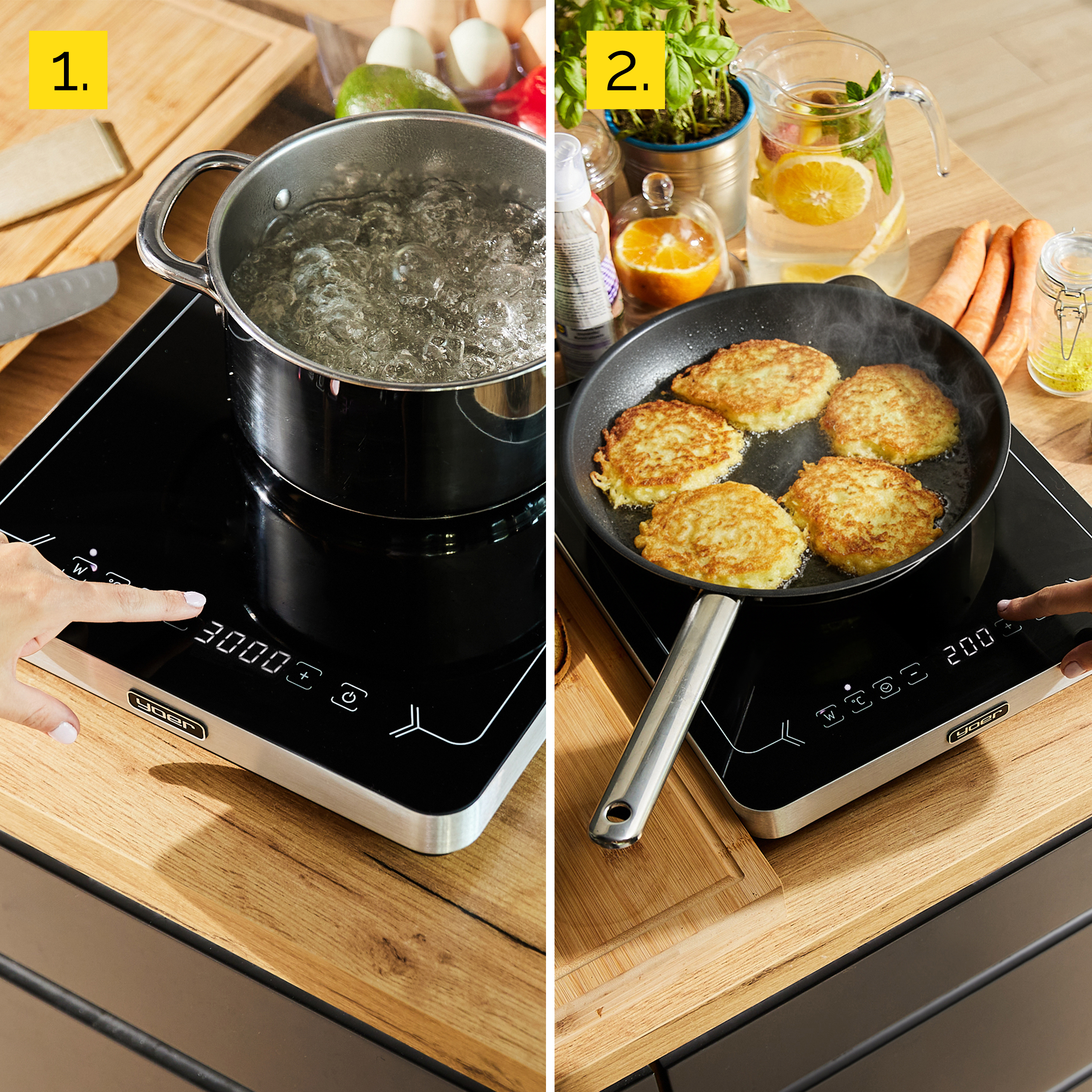 Obraz przedstawia dwie sceny. Lewa: wrząca woda na płycie grzewczej. Prawa: smażenie placków ziemniaczanych. Widoczne składniki.