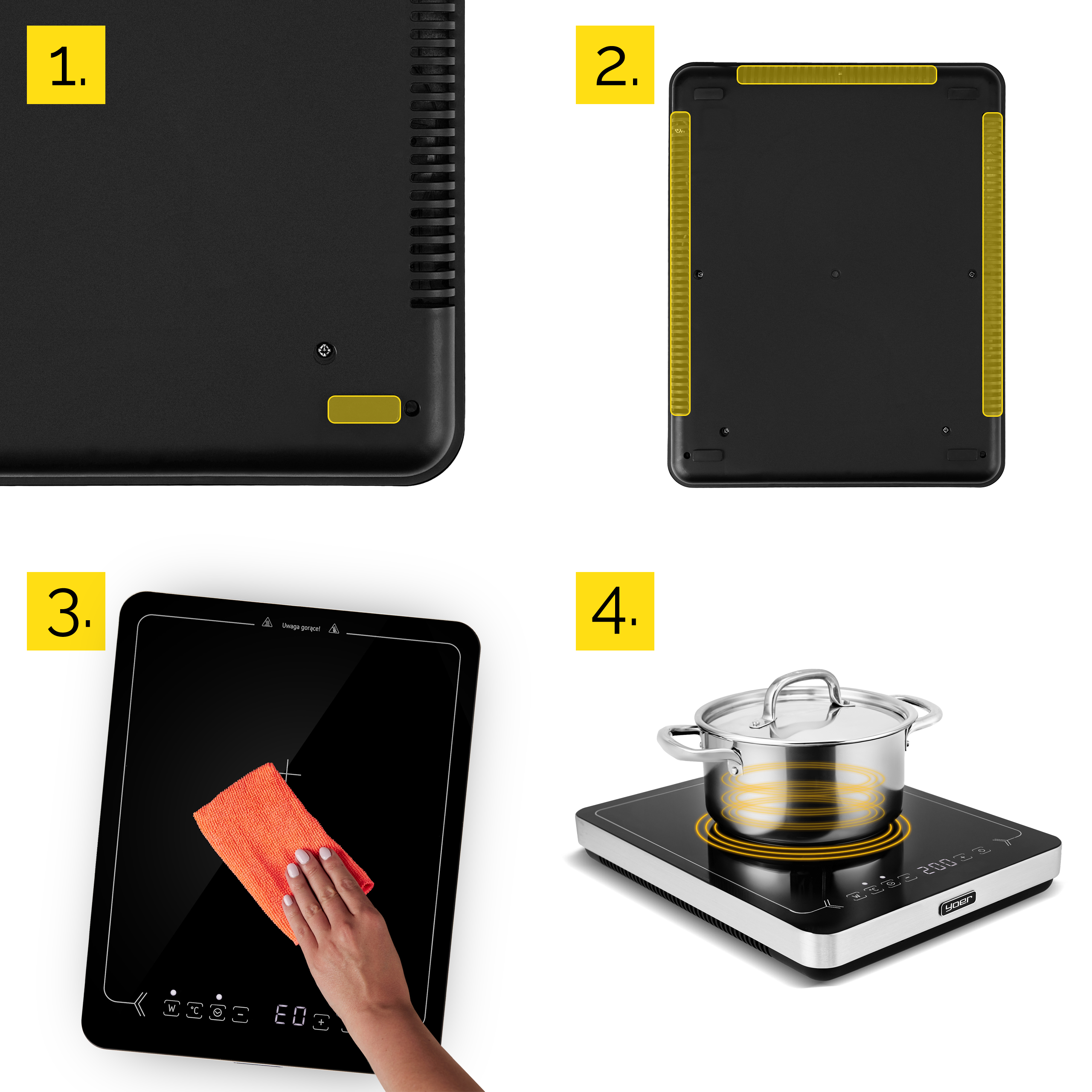 Czarna płyta indukcyjna, czyszczona pomarańczową szmatką. Garnek stoi na płycie z falami ciepła.