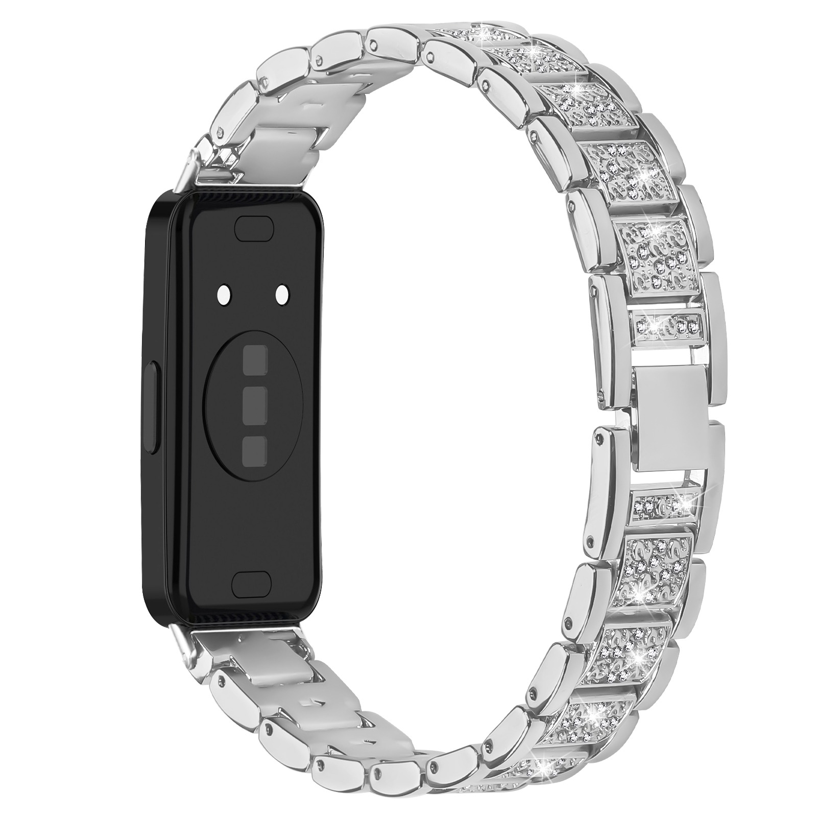 Silberne Smartwatch mit schwarzem Bildschirm und silbernem, mit Juwelen besetztem Armband. Die Uhr ist auf weißem Grund.