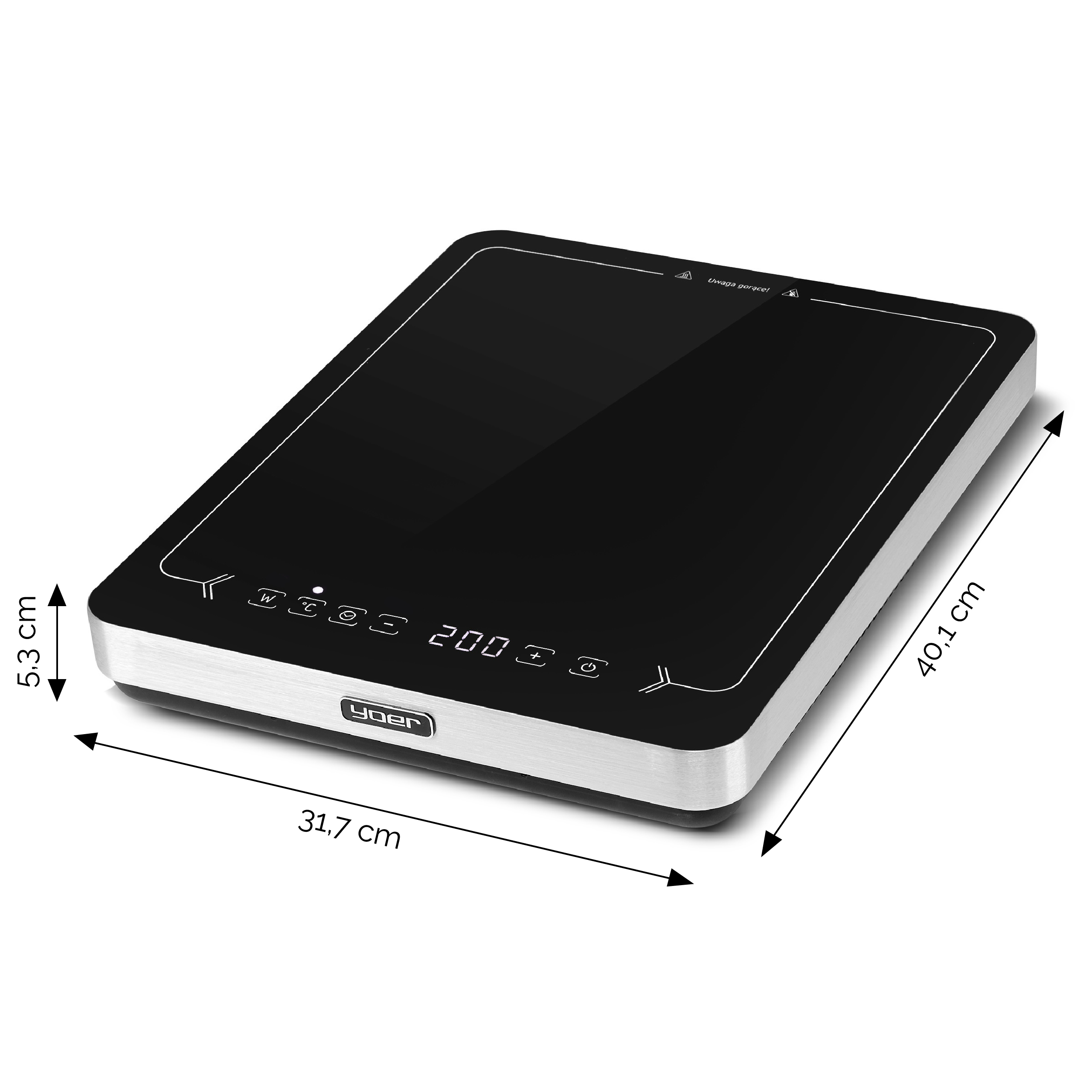 Czarna i srebrna płyta indukcyjna. Posiada panel dotykowy z przyciskami i wyświetlacz cyfrowy. Wymiary są oznaczone.