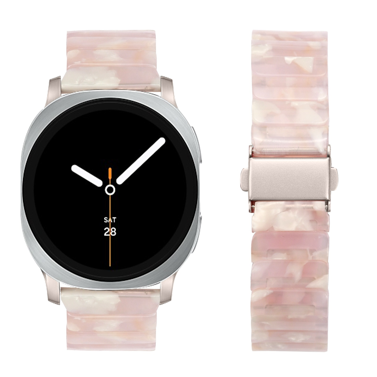 Eine runde Smartwatch mit schwarzem Zifferblatt und rosa marmoriertem Armband. Datum ist Samstag, der 28.