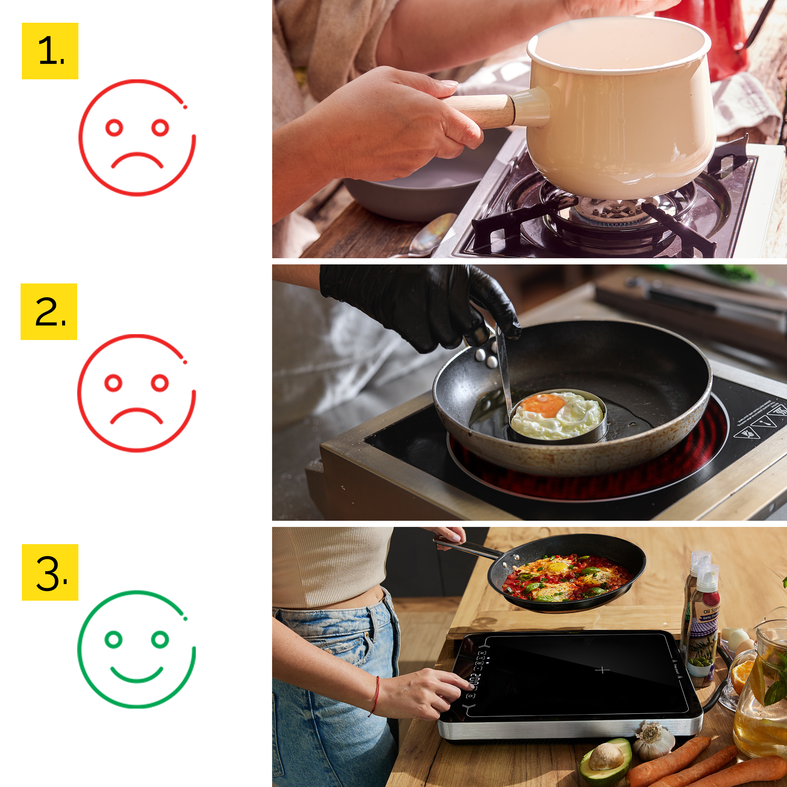 Osoba gotująca w kuchni. Obraz pokazuje kilka etapów gotowania, zaczynając od wrzącej wody.