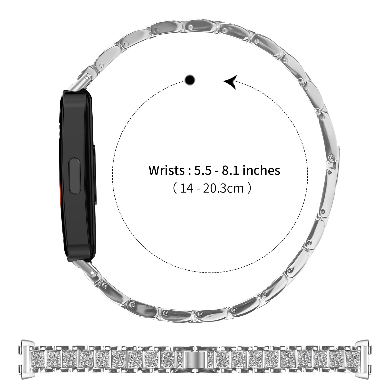 Eine silberne Uhr mit schwarzem Bildschirm. Die Handgelenkgröße wird angezeigt. Zusätzliches Uhrenarmband unten.