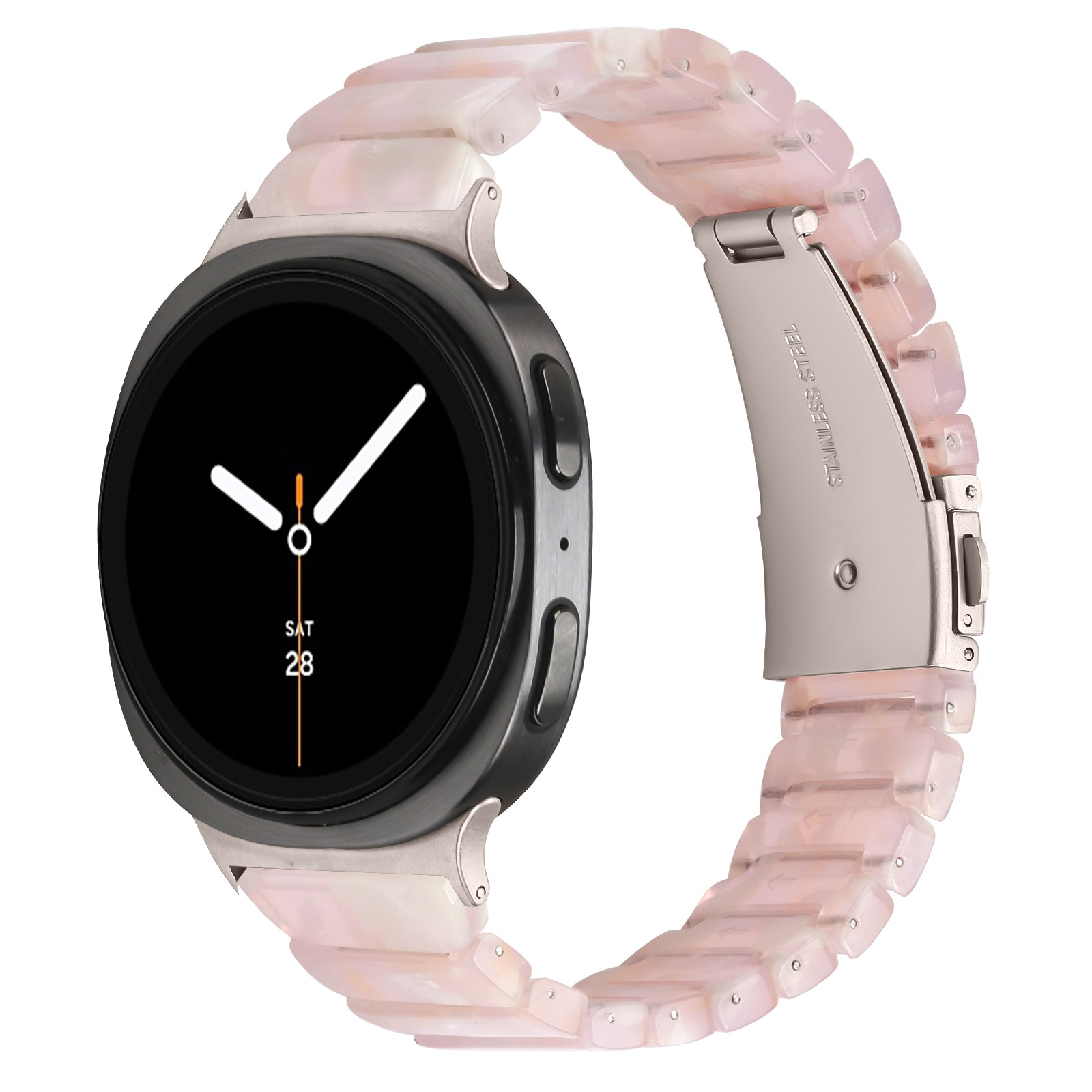 Smartwatch mit schwarzem Zifferblatt, weißen Zeigern und einem rosafarbenen, marmorähnlichen Armband. Zeigt Sa 28. Edelstahlverschluss.