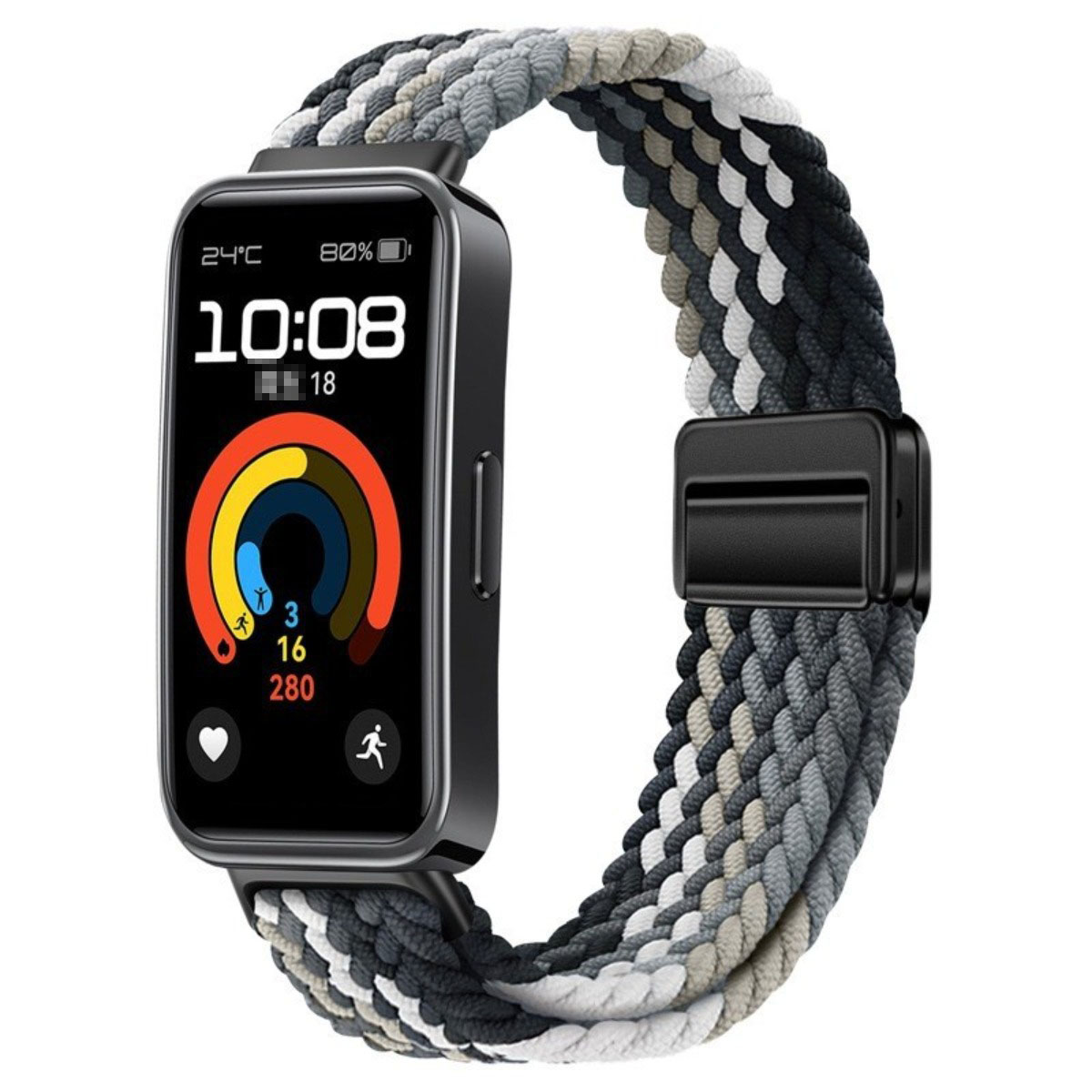 Eine Smartwatch mit geflochtenem Armband in Schwarz, Grau und Weiß. Das Zifferblatt zeigt Zeit und Aktivitätsdaten.