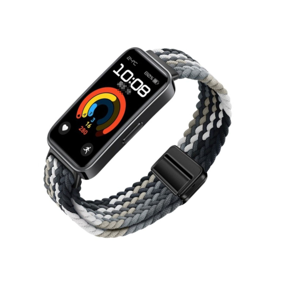 Eine Smartwatch mit geflochtenem Armband. Das Zifferblatt zeigt Zeit, Temperatur und Aktivitätsdaten. Das Armband ist schwarz, grau und weiß.