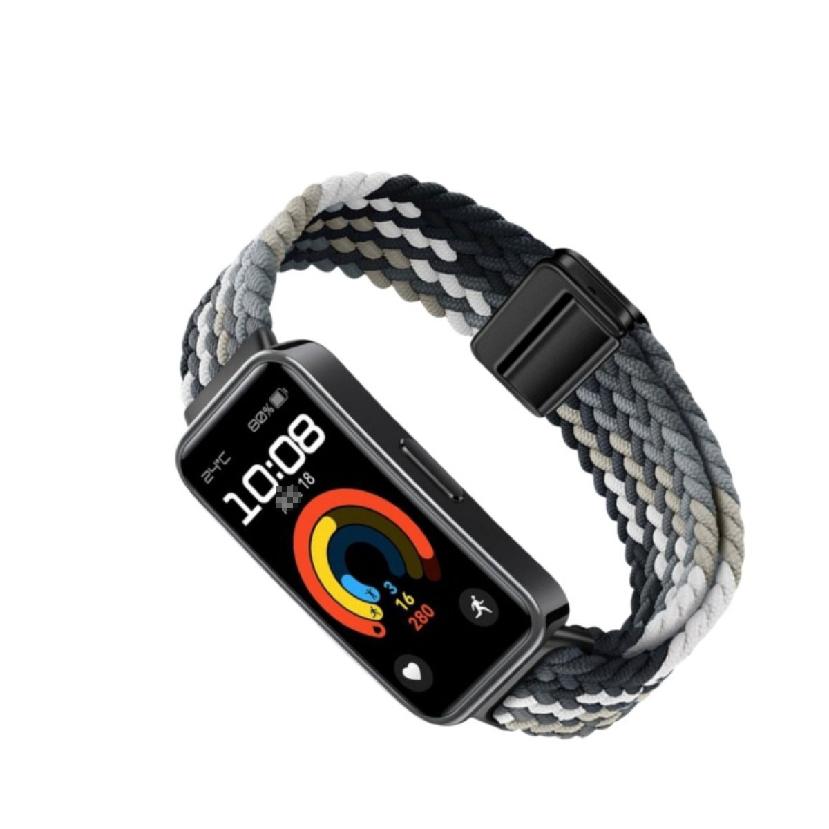 Eine Smartwatch mit schwarzem Bildschirm, der Zeit und Gesundheitsdaten anzeigt. Das Armband besteht aus grauem, weißem und schwarzem geflochtenem Material.