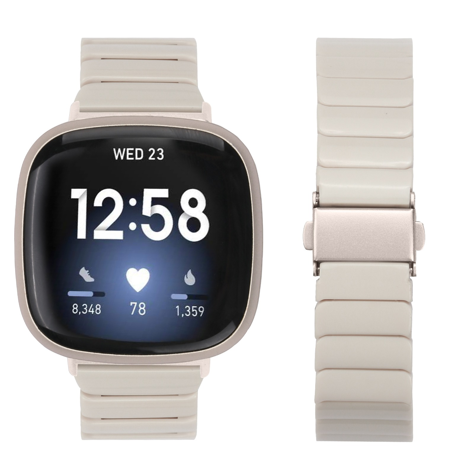 Eine beige Smartwatch zeigt Uhrzeit, Schritte, Herzfrequenz und Kalorien an. Ein abgetrenntes Armband liegt rechts.
