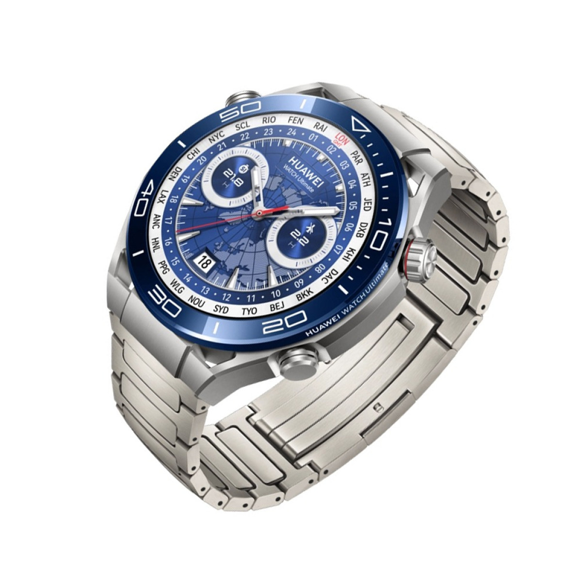 Eine Huawei Watch Ultimate mit blauem und silbernem Design, die die Uhrzeit und eine Weltkarte anzeigt. Die Uhr hat ein silbernes Metallarmband.
