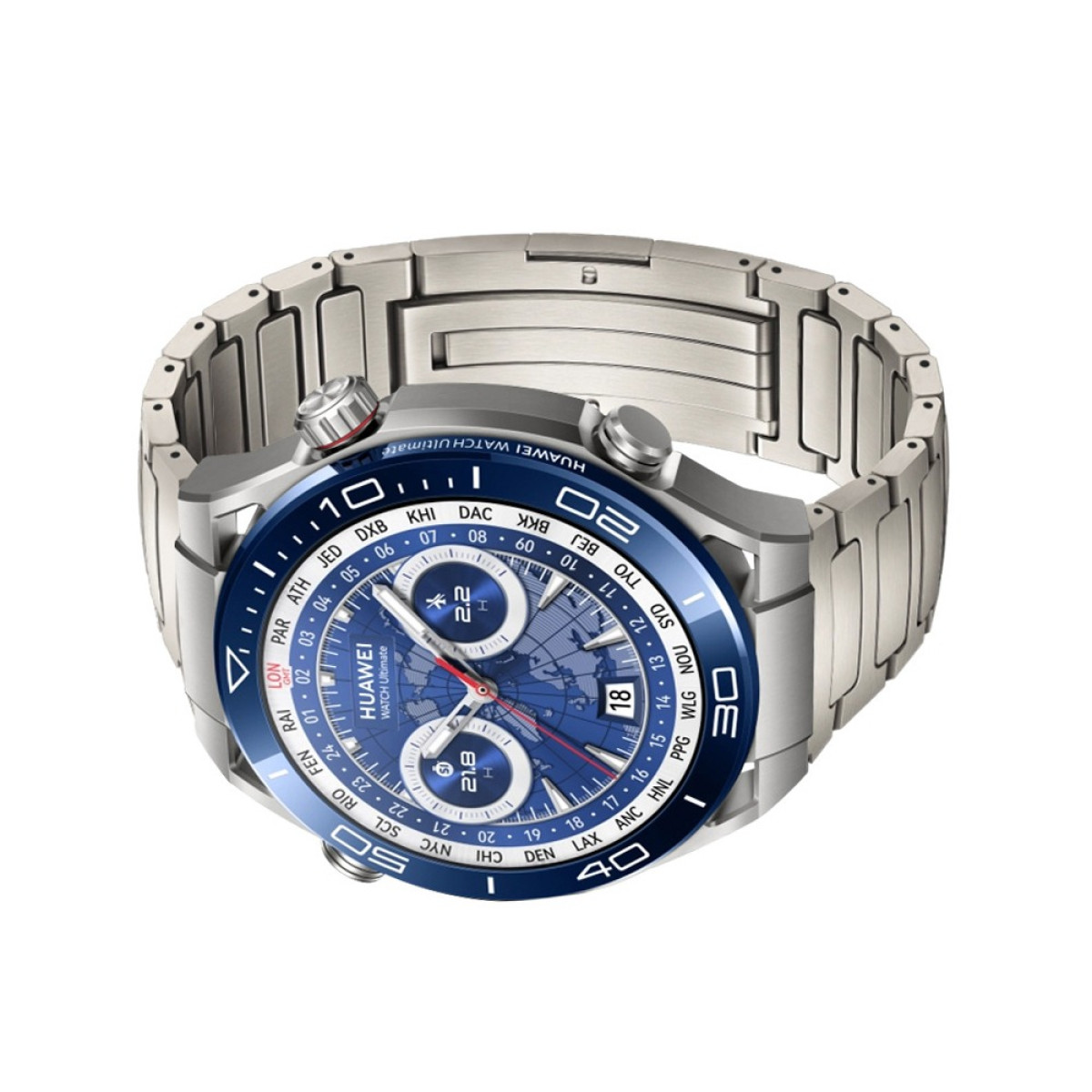 Nahaufnahme einer silbernen Armbanduhr mit blauem Zifferblatt. Sie zeigt die Zeit und Weltzeitzonen. Das Armband ist auch silberfarben.