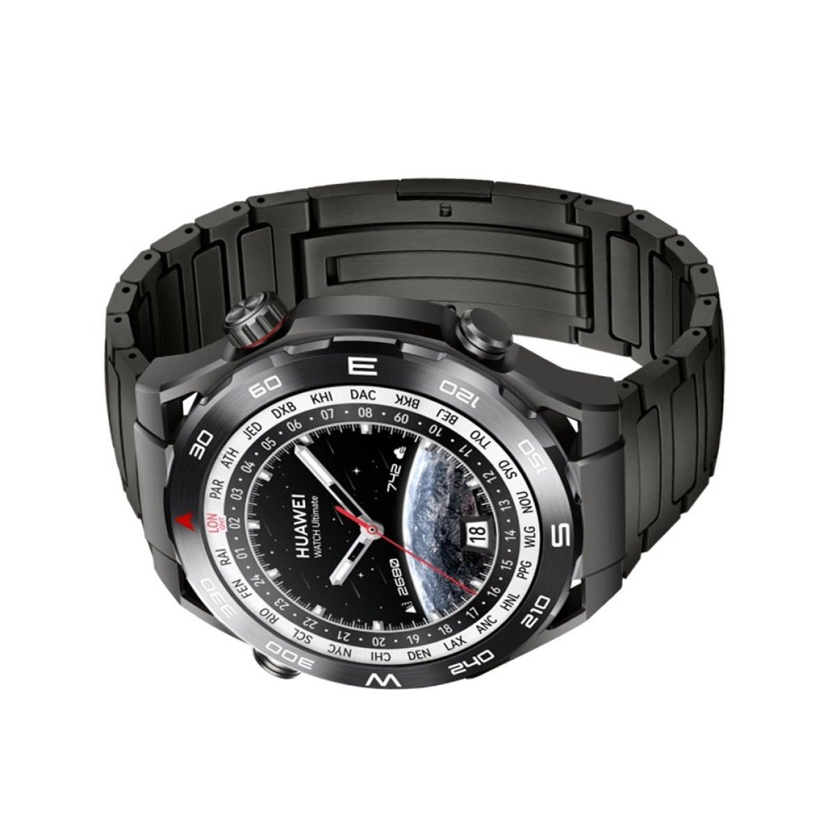 Schwarze Huawei Smartwatch mit Metallarmband. Das Zifferblatt zeigt Zeit, Datum und eine Weltkarten-Grafik.