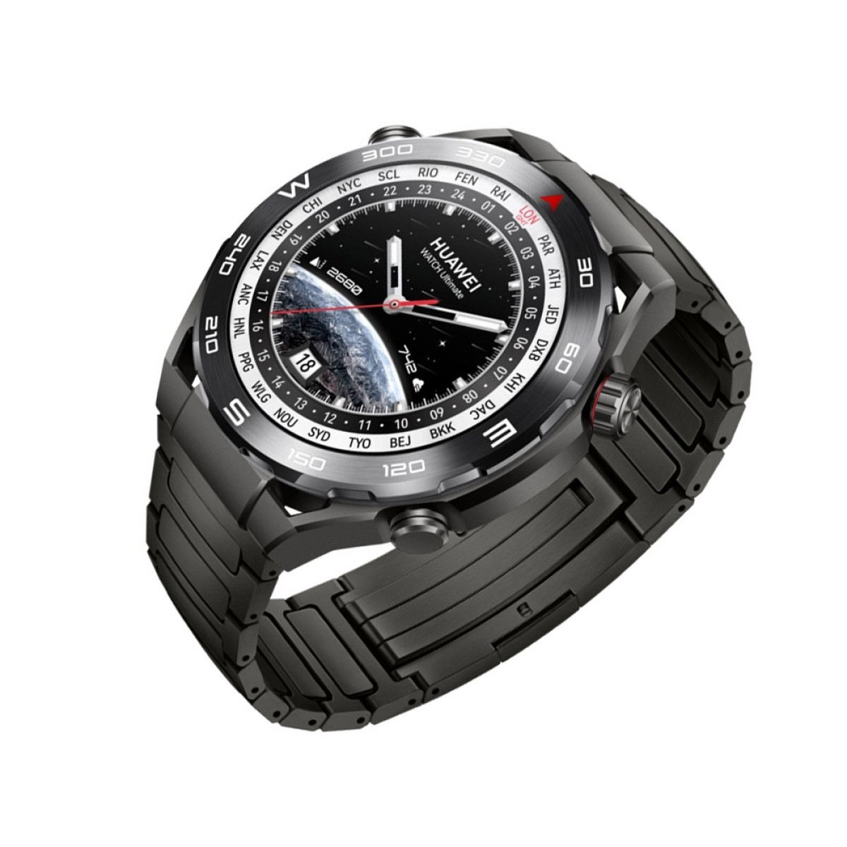 Schwarze Huawei Smartwatch mit Weltkartenanzeige und Metallarmband. Die Uhr zeigt Uhrzeit und internationale Städtenamen.