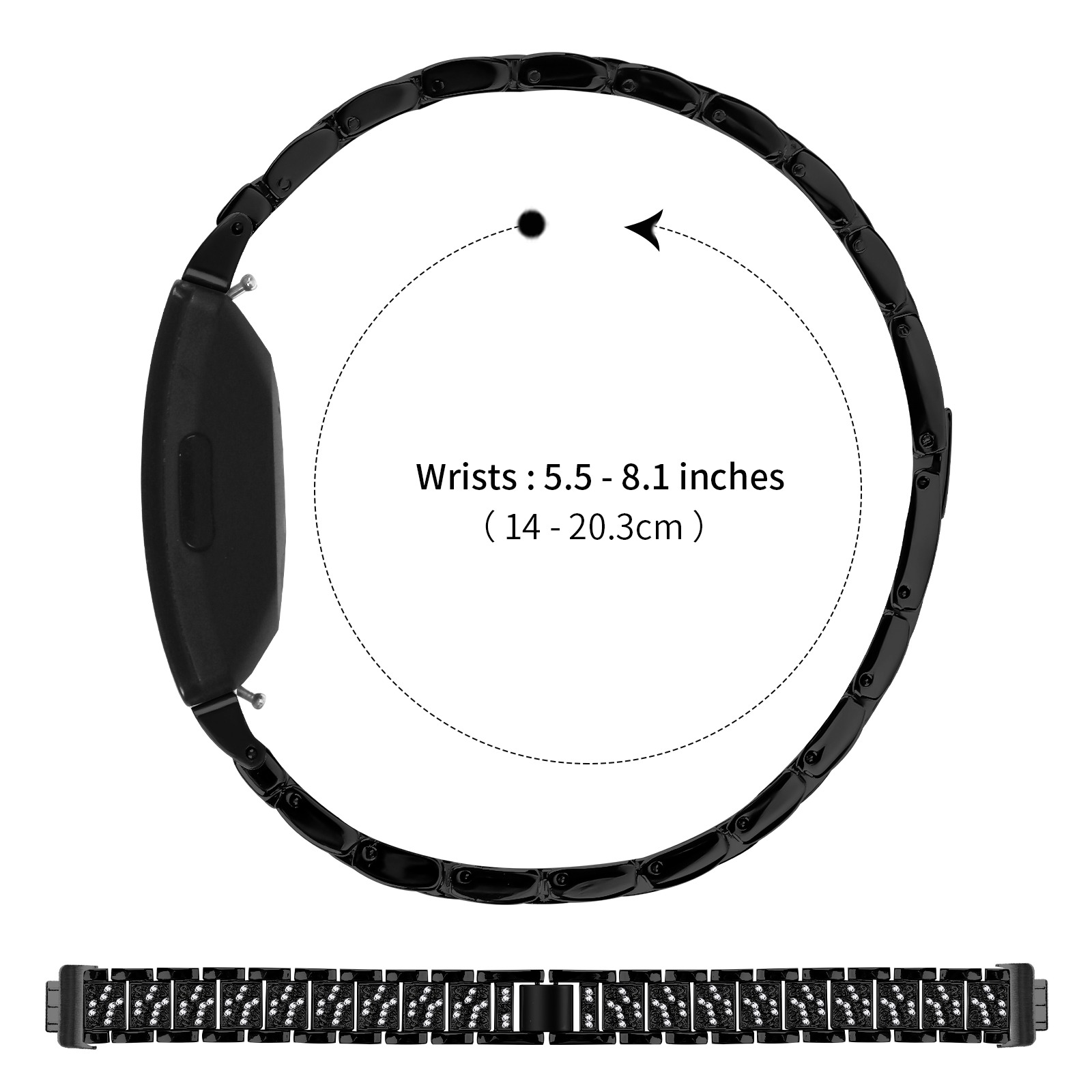 Schwarze Uhr und Armband mit gepunktetem Kreis und Text 'Handgelenke: 5,5 - 8,1 Zoll (14 - 20,3 cm)'.
