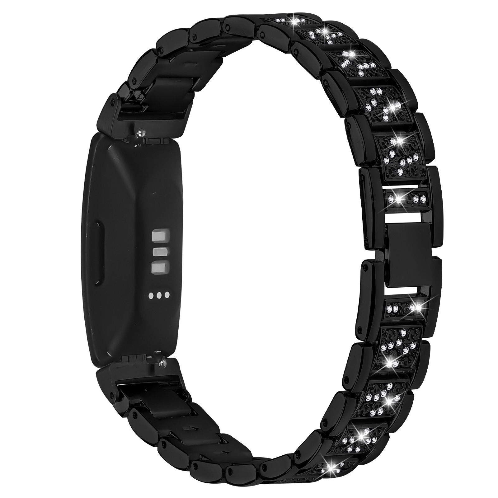 Schwarzes Armband mit dekorativen Strasssteinen. Das Zifferblatt ist schwarz. Das Armband ist umwickelt, vor weißem Hintergrund.