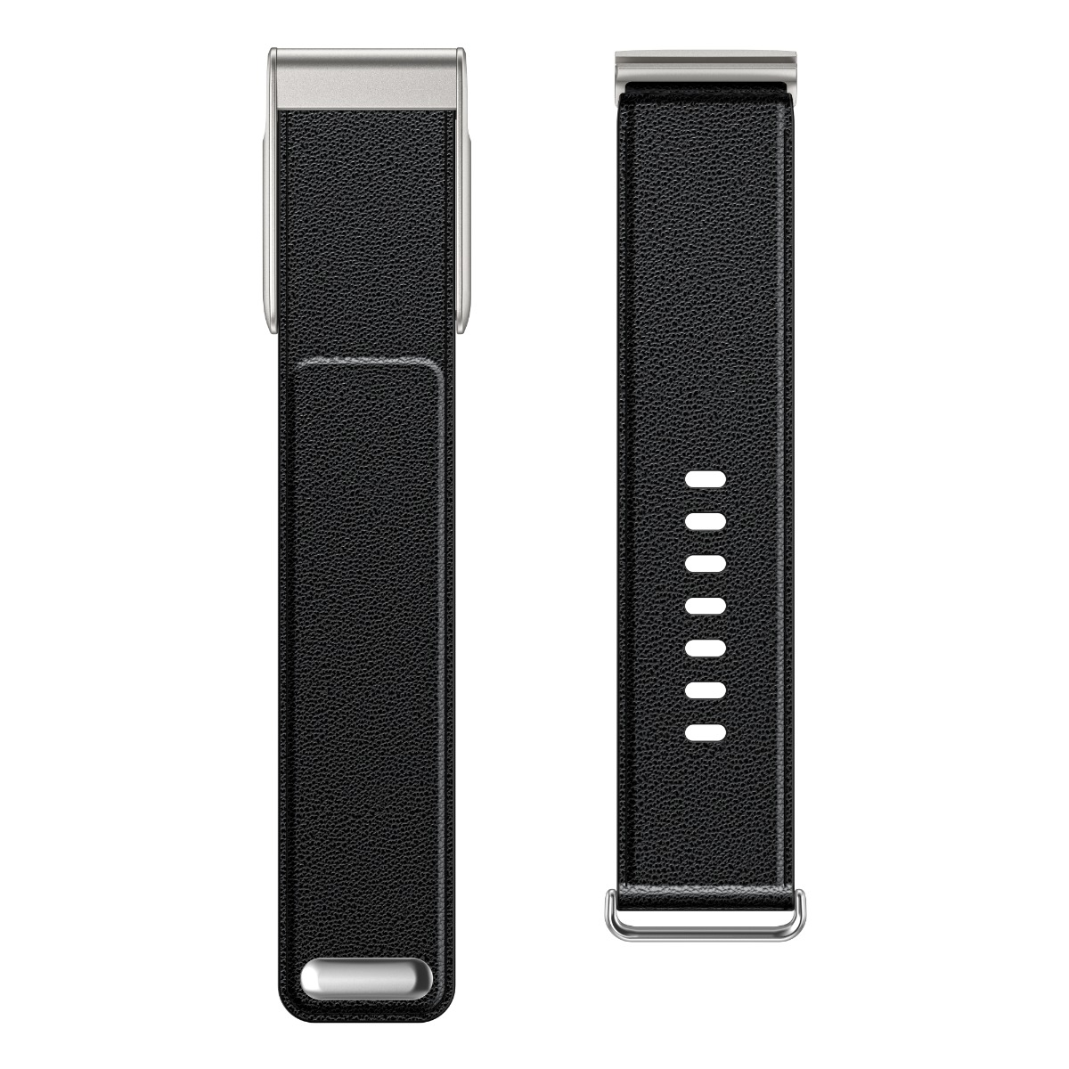 Zwei schwarze Uhrenarmbänder mit silbernen Metallakzenten. Ein Armband hat Löcher, das andere einen Verschluss.