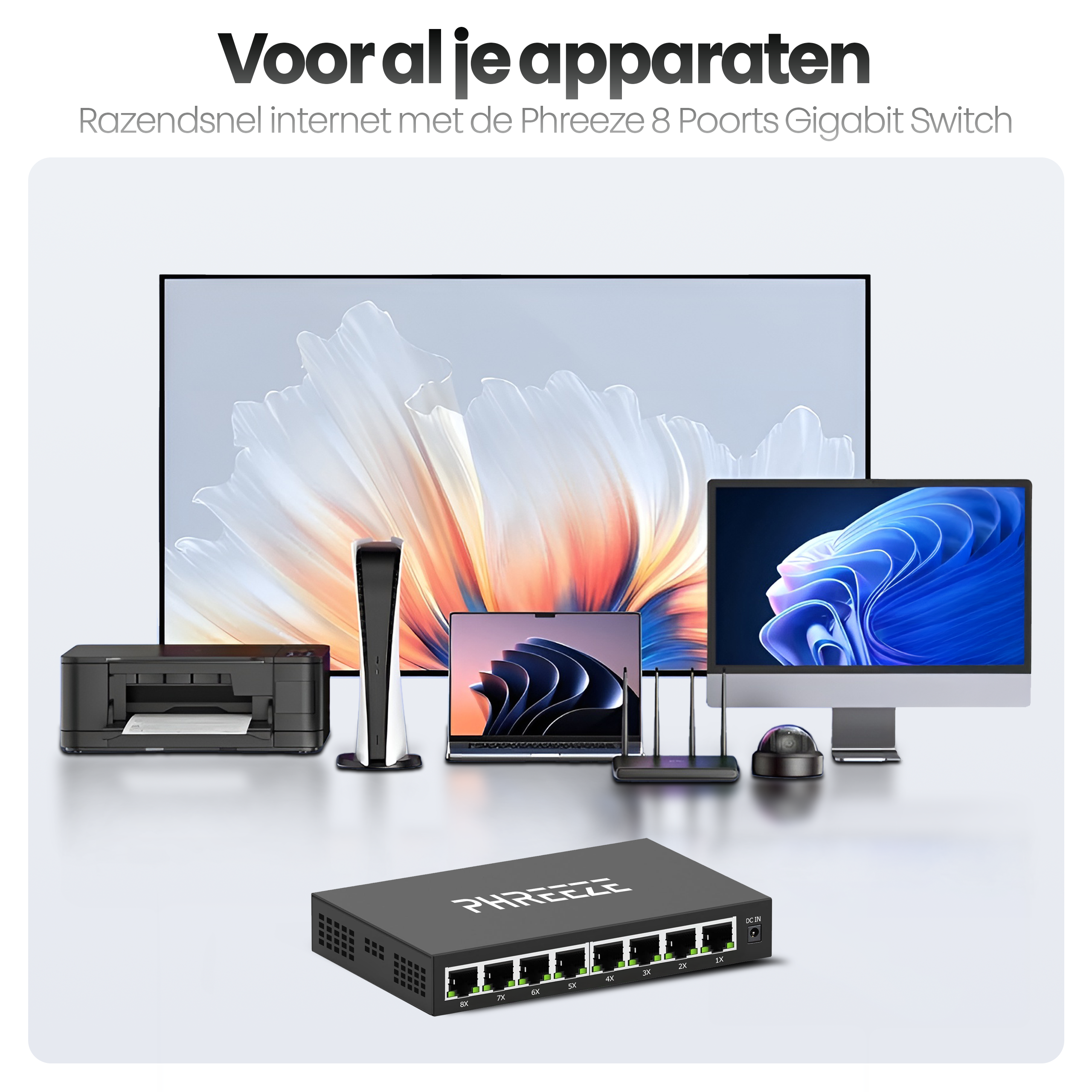 Afbeelding toont diverse elektronica: printer, laptop, monitor, gameconsole, router en switch.
