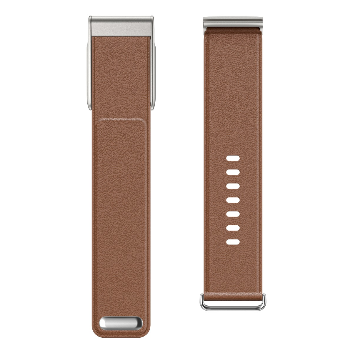Zwei braune Lederarmbänder mit silbernen Metallschnallen, eines mit Löchern zur Anpassung. Isoliert auf weißem Hintergrund.
