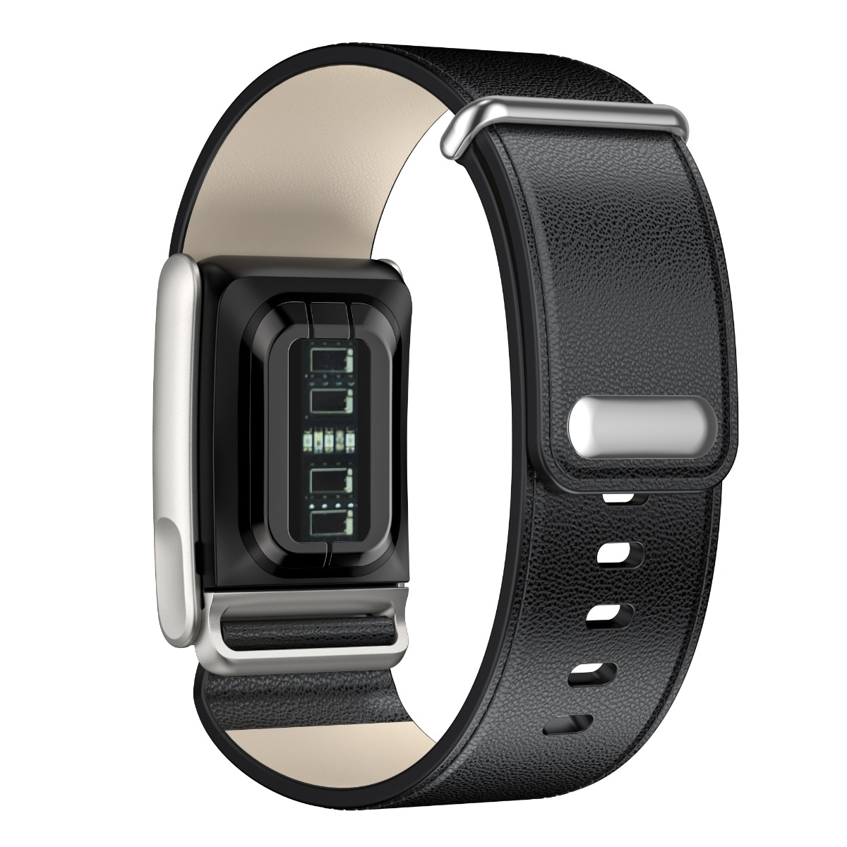 Eine schwarze Smartwatch mit Lederarmband. Das Zifferblatt zeigt Daten an. Das Armband hat eine silberne Schnalle und Löcher.