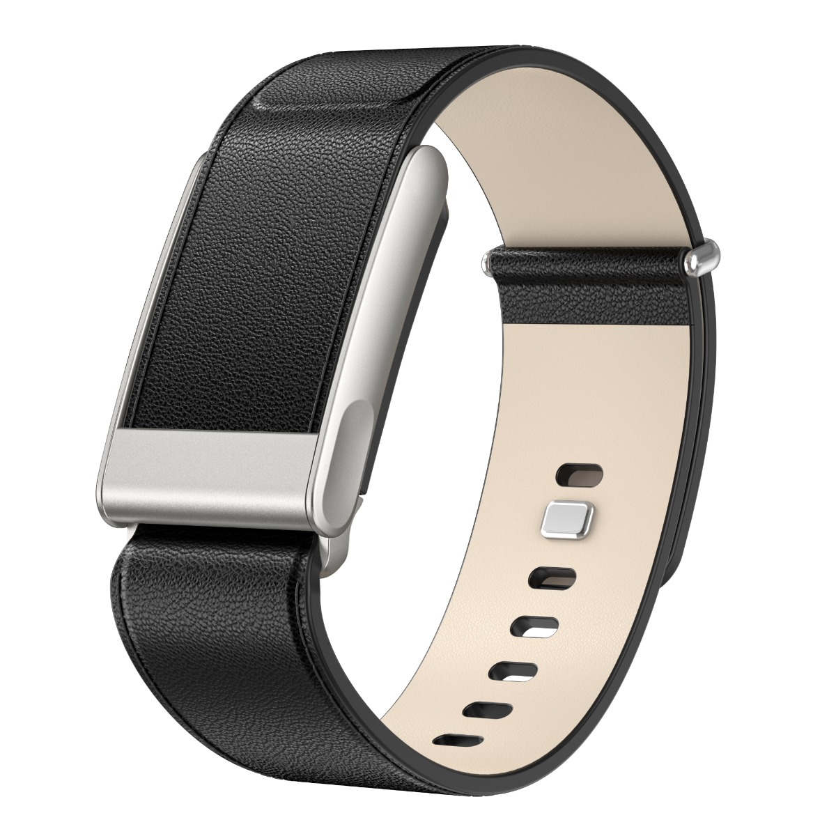 Ein schwarzes Leder-Smartwatch-Armband mit silberner Schließe. Das Innenband ist beige. Das Armband ist auf weißem Hintergrund.