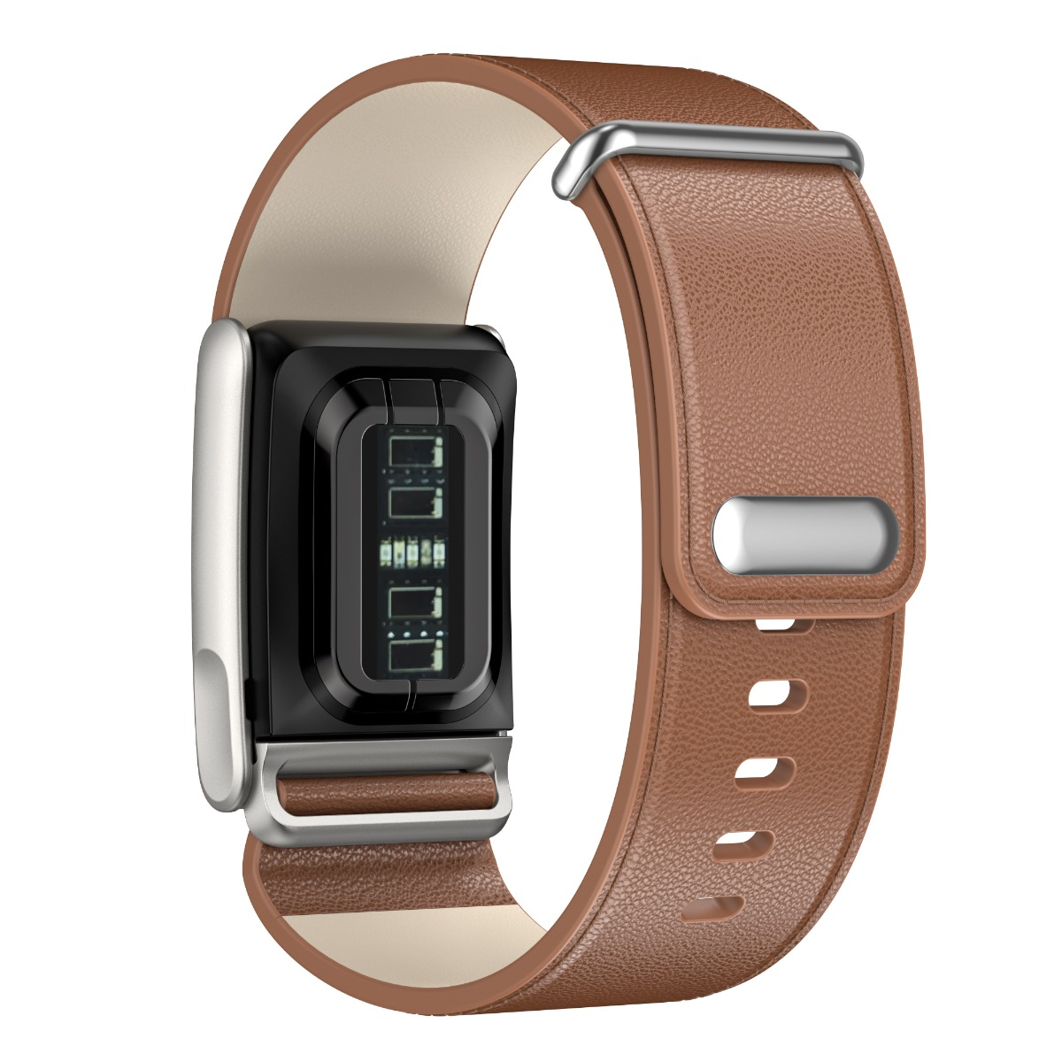 Eine Smartwatch mit schwarzem Bildschirm und braunem Lederarmband. Das Armband hat silberne Metalldetails und eine Schnalle.