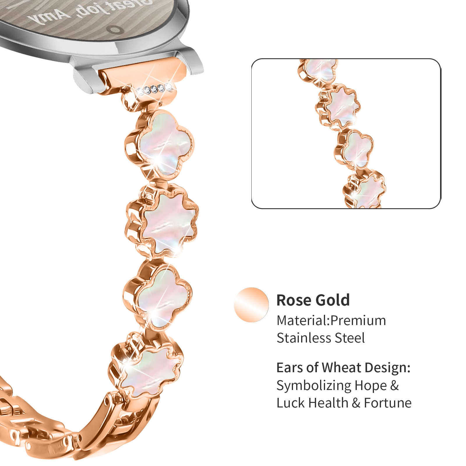 Roségoldene Uhr mit Kleeblatt-Armband. Das Zifferblatt ist sichtbar. Das Armband hat hochwertigen Edelstahl.