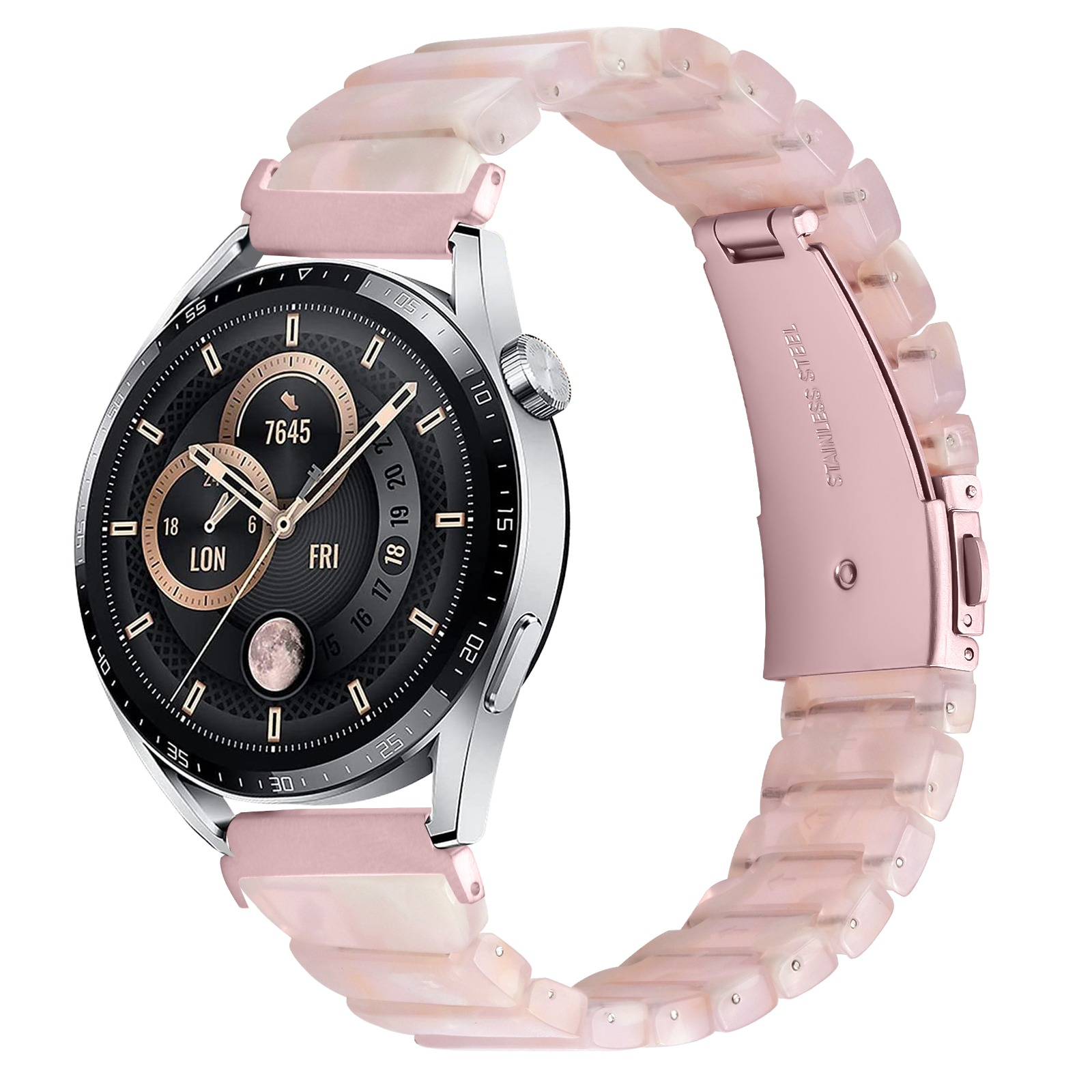 Eine roségoldene Smartwatch mit hellrosa Armband. Das Zifferblatt zeigt Zeit und Datum. Edelstahlverschluss.