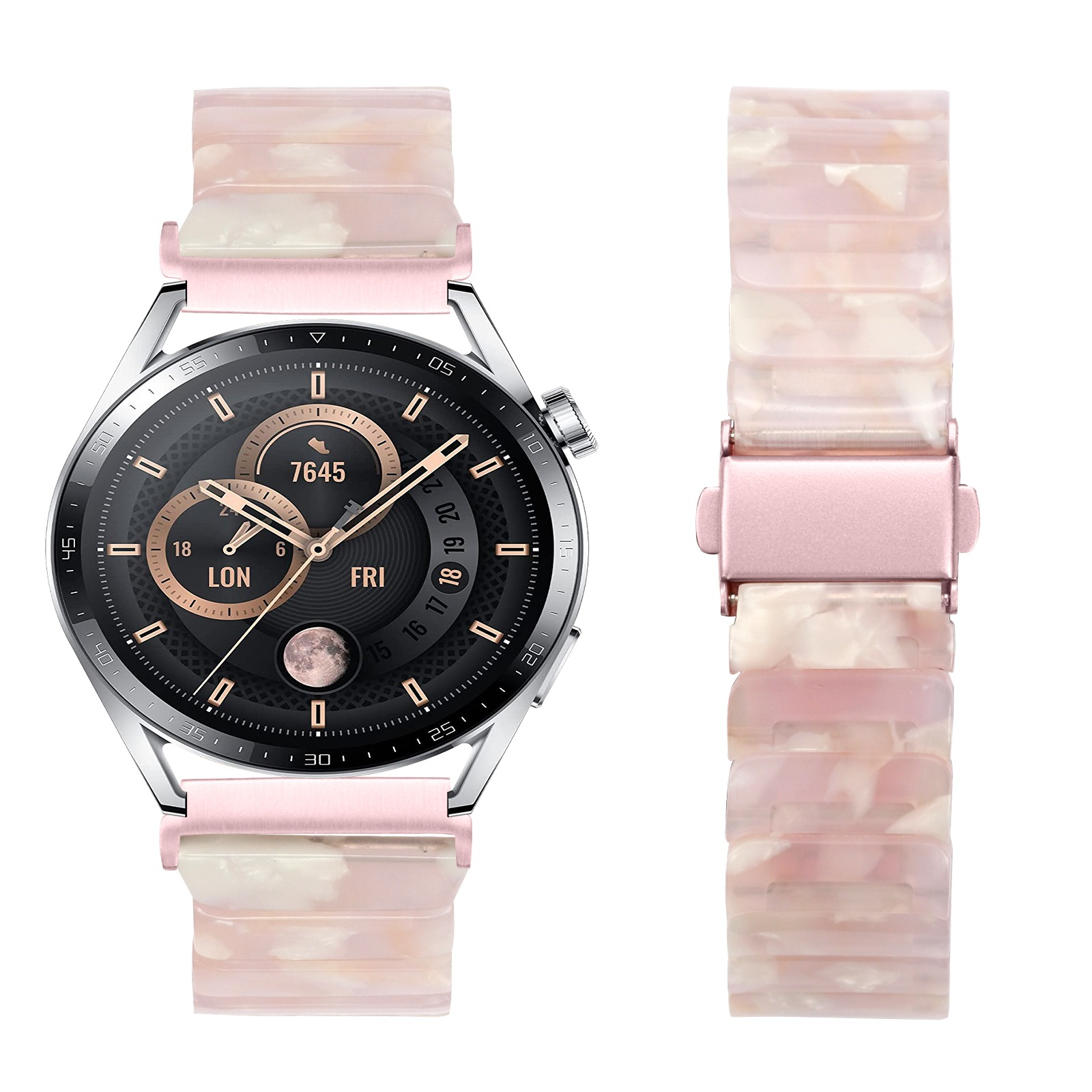 Eine Smartwatch mit rosa-weißem Armband. Das Zifferblatt ist schwarz und zeigt Uhrzeit, Datum und Mondphase.