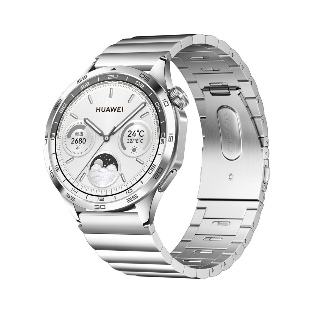 Uno smartwatch Huawei argentato con quadrante bianco e cinturino in acciaio inox. Mostra ora, temperatura e altri dati.