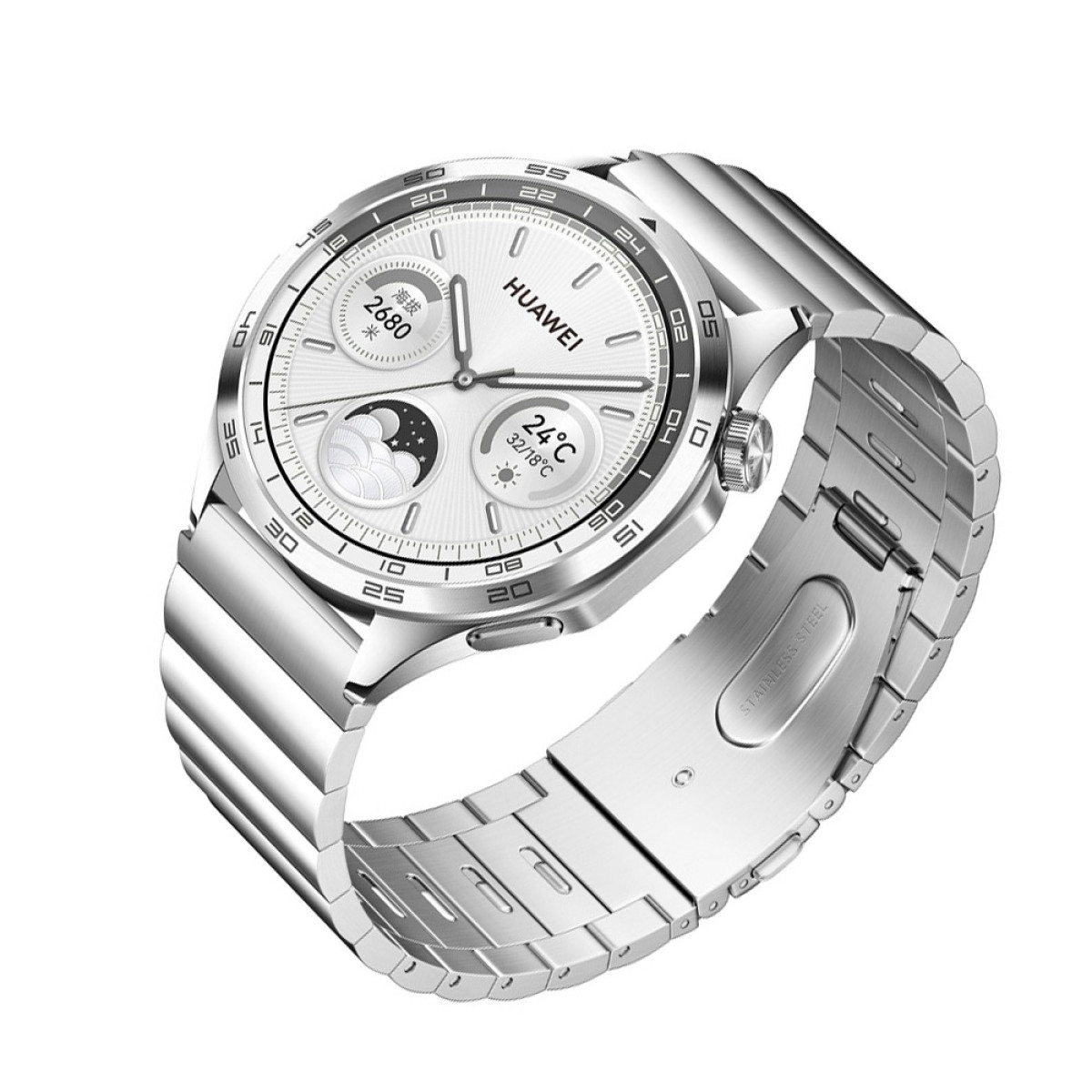 Uno smartwatch Huawei argentato con quadrante bianco che mostra l'ora e il meteo. L'orologio ha un cinturino metallico.