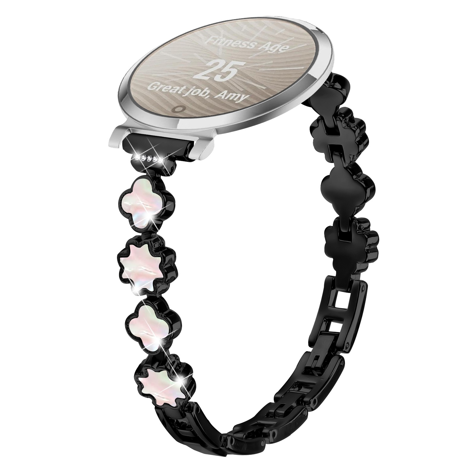 Un orologio intelligente con un braccialetto nero a forma di trifoglio. Il quadrante mostra 'Fitness Age 25' e 'Great job, Amy'.