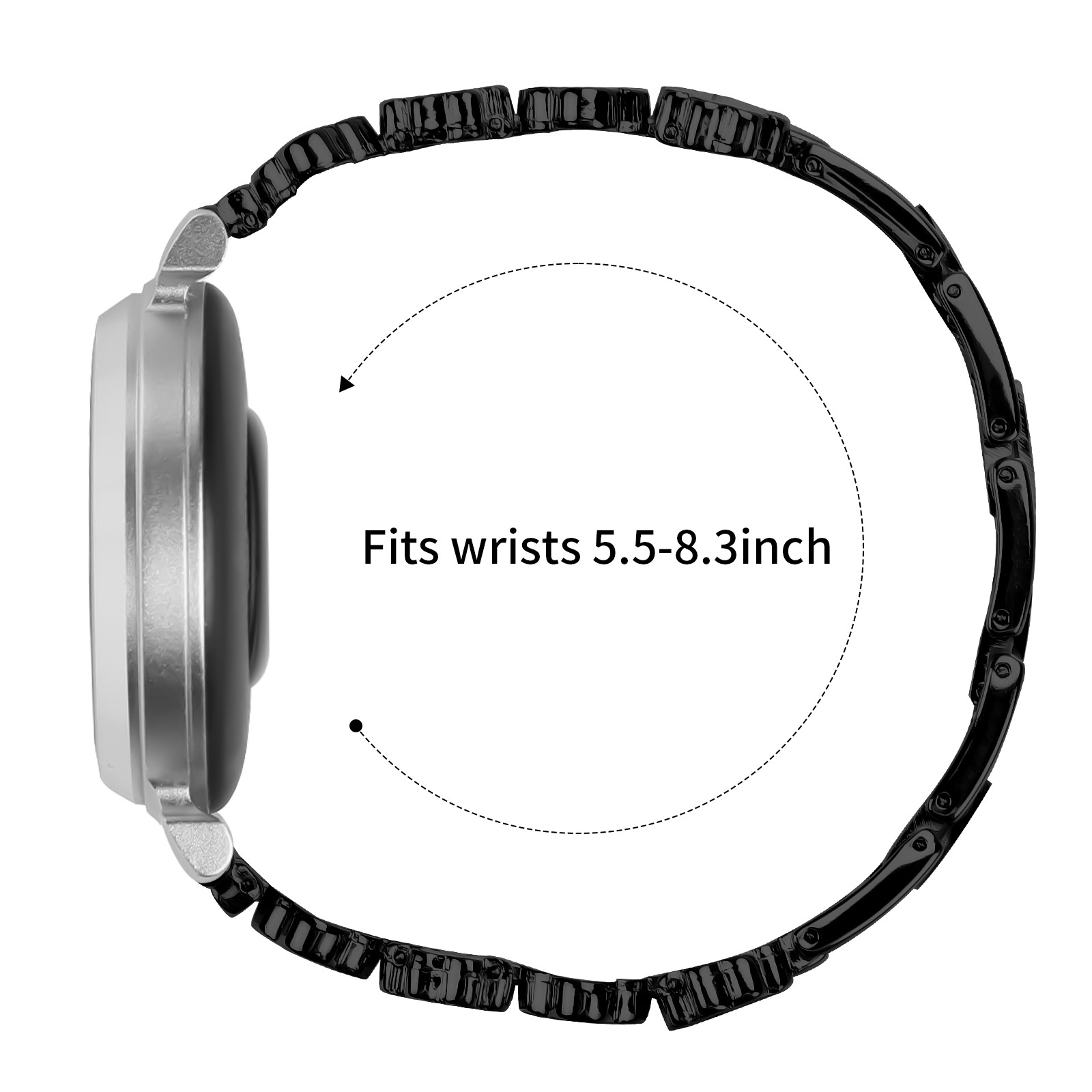Viene mostrato un orologio con cinturino nero. Il testo indica che si adatta a polsi tra 5,5-8,3 pollici.