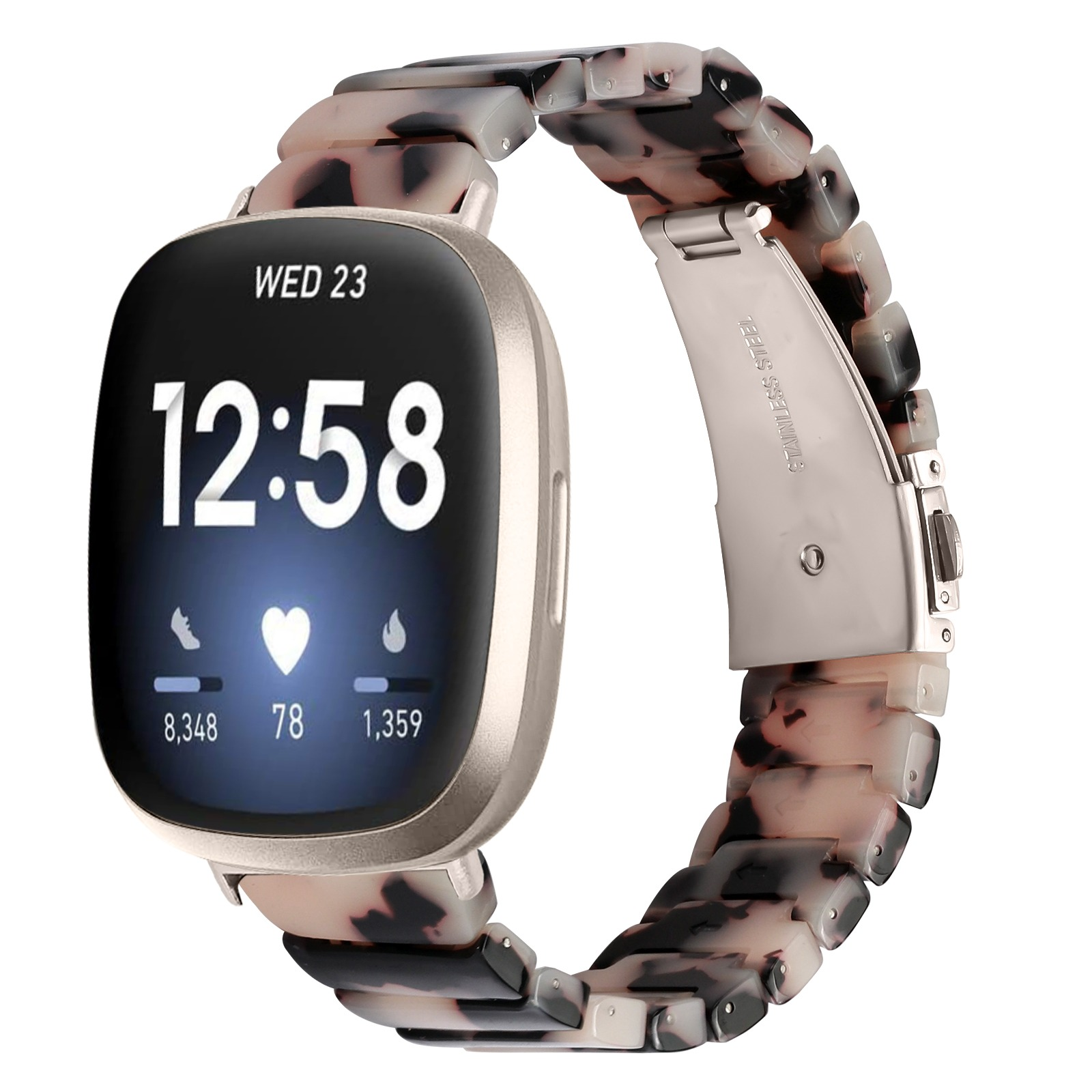 Eine Smartwatch mit gemustertem Armband zeigt Zeit und Gesundheitsdaten an, einschließlich Schritte, Herzfrequenz und Kalorien.