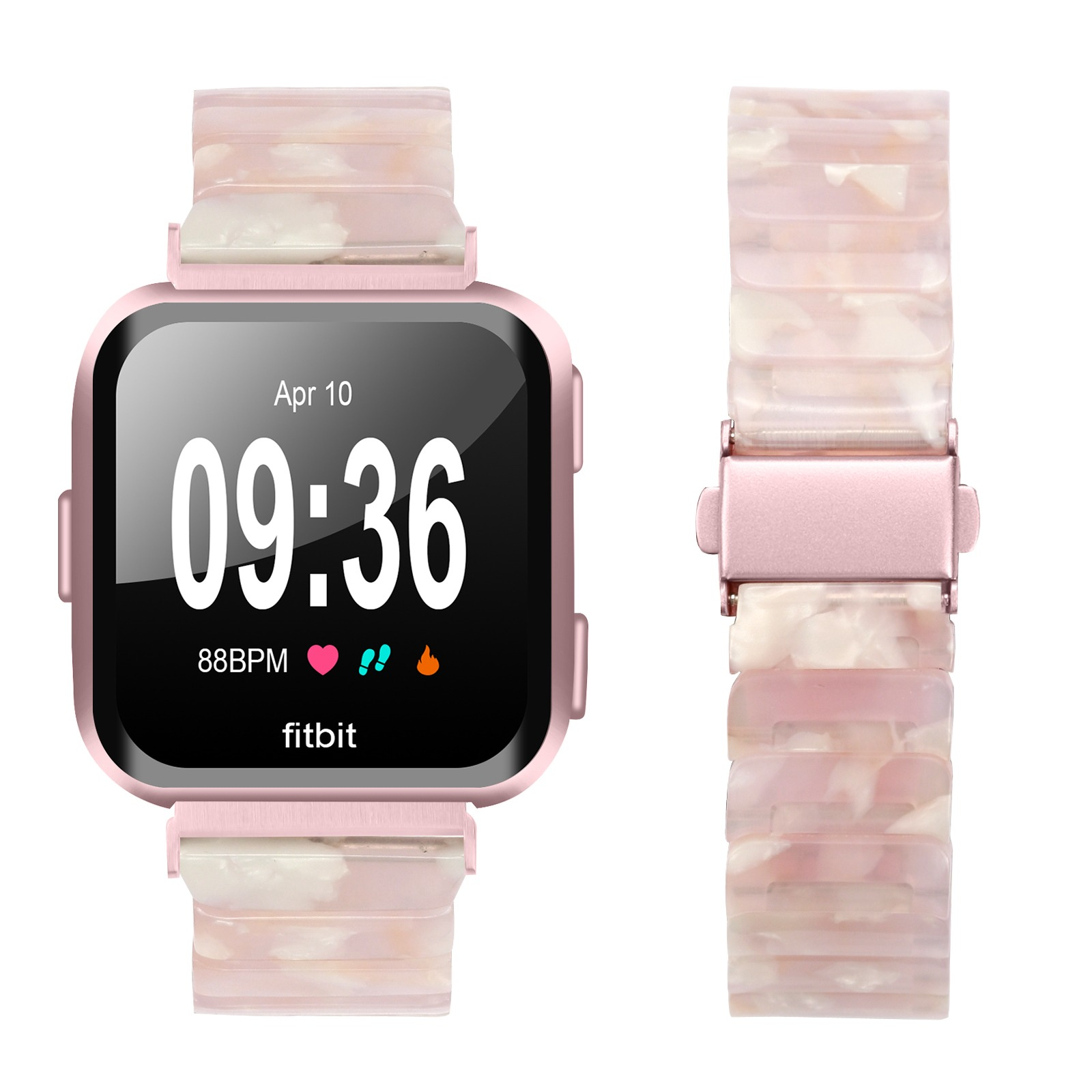 Uno smartwatch Fitbit rosa con cinturino abbinato. L'orologio mostra l'ora e la frequenza cardiaca.