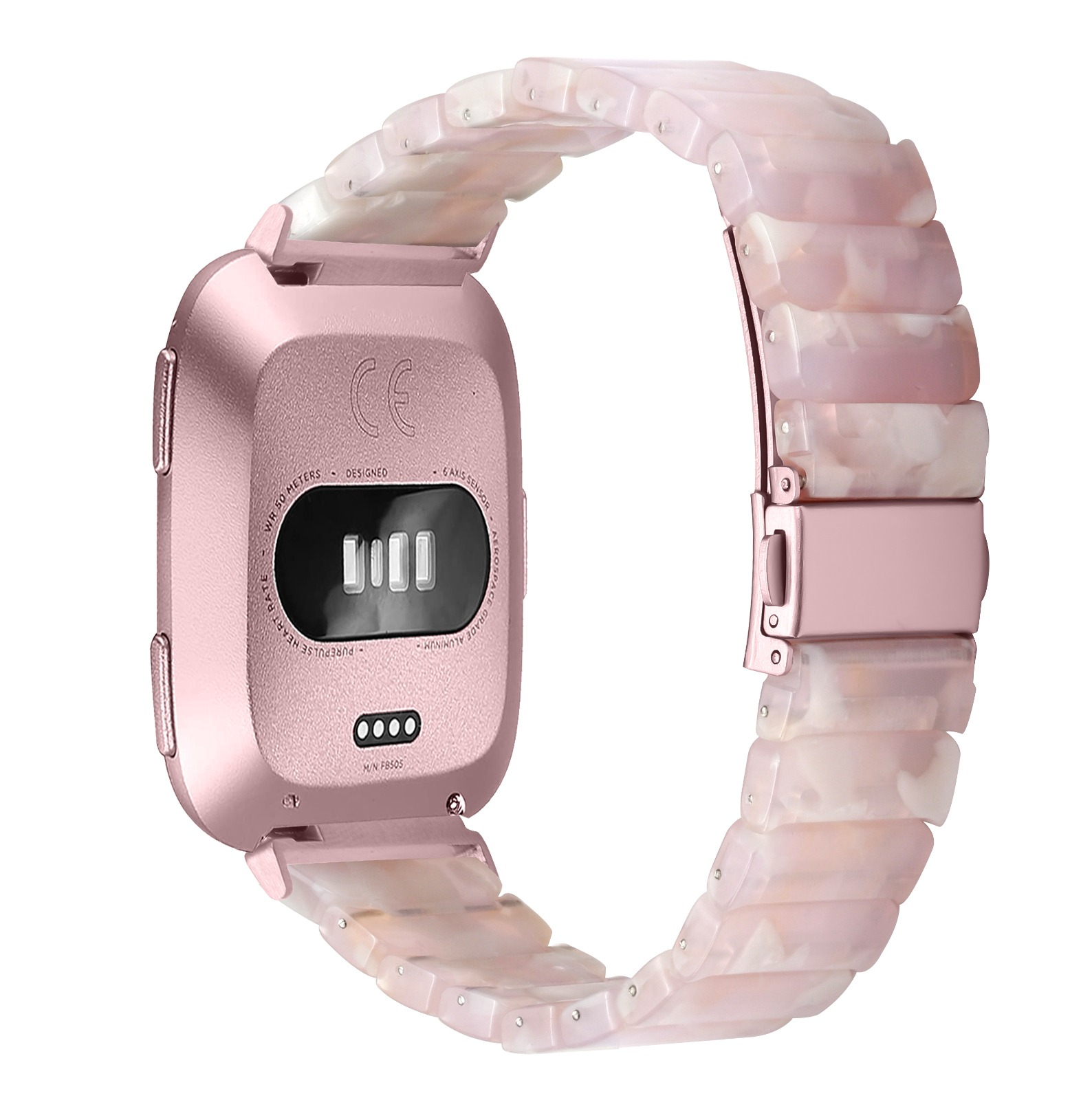 Uno smartwatch oro rosa con cinturino a fantasia rosa chiaro e bianco. Il quadrante è visibile, mostra sensori e marcature.