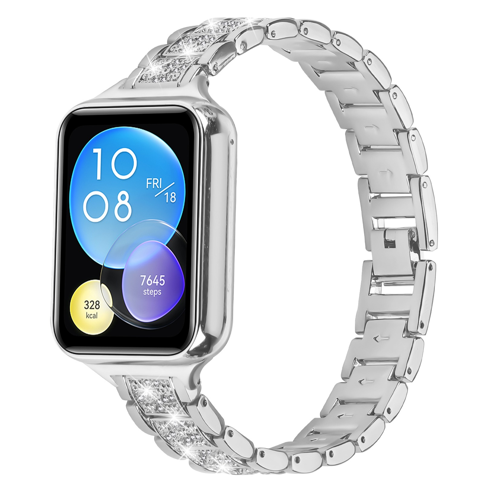 Smartwatch argentato con cinturino tempestato di diamanti. Lo schermo mostra data e metriche di salute.