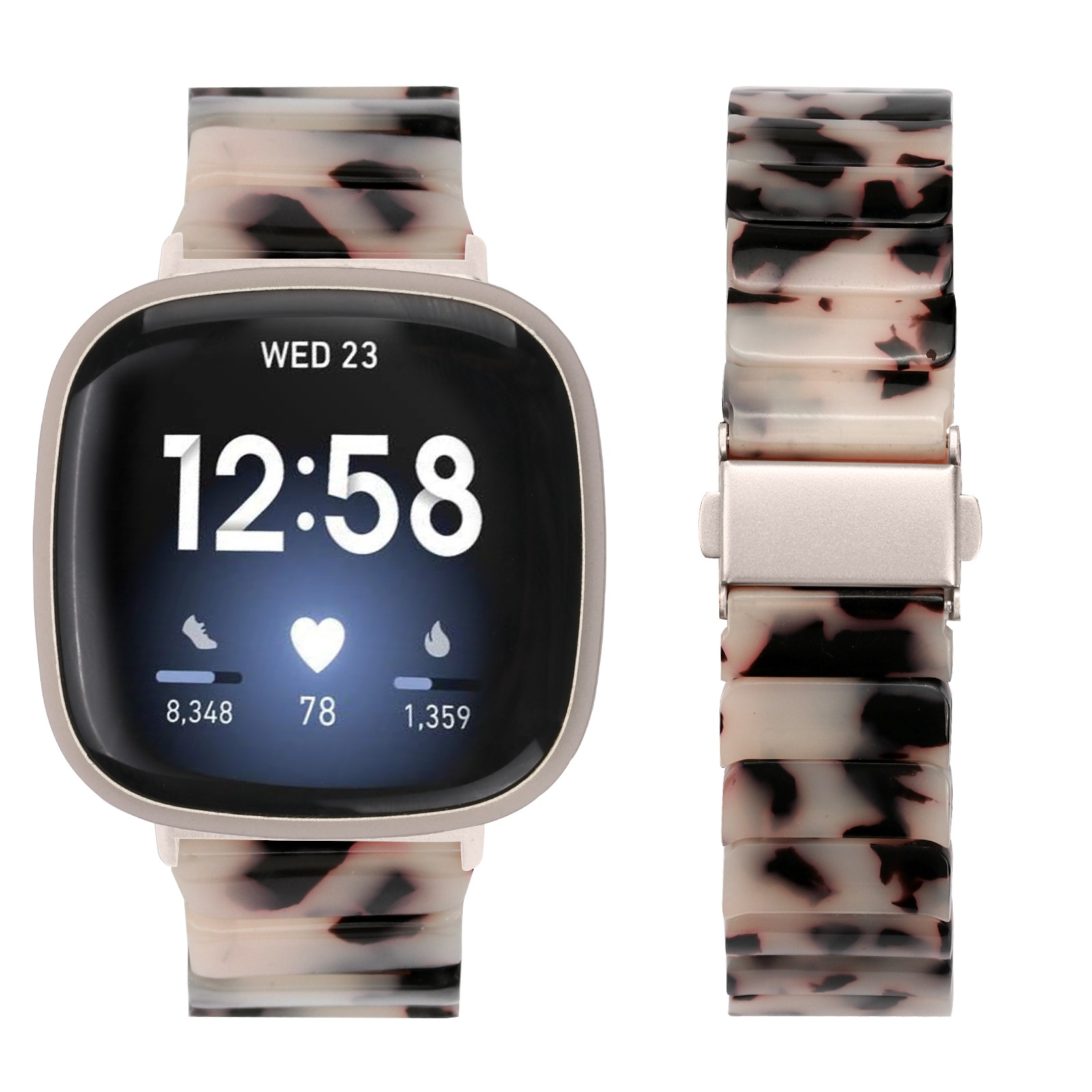 Smartwatch mit einem weiß-schwarz gemusterten Armband. Der Bildschirm zeigt Datum, Uhrzeit und Gesundheitsdaten.
