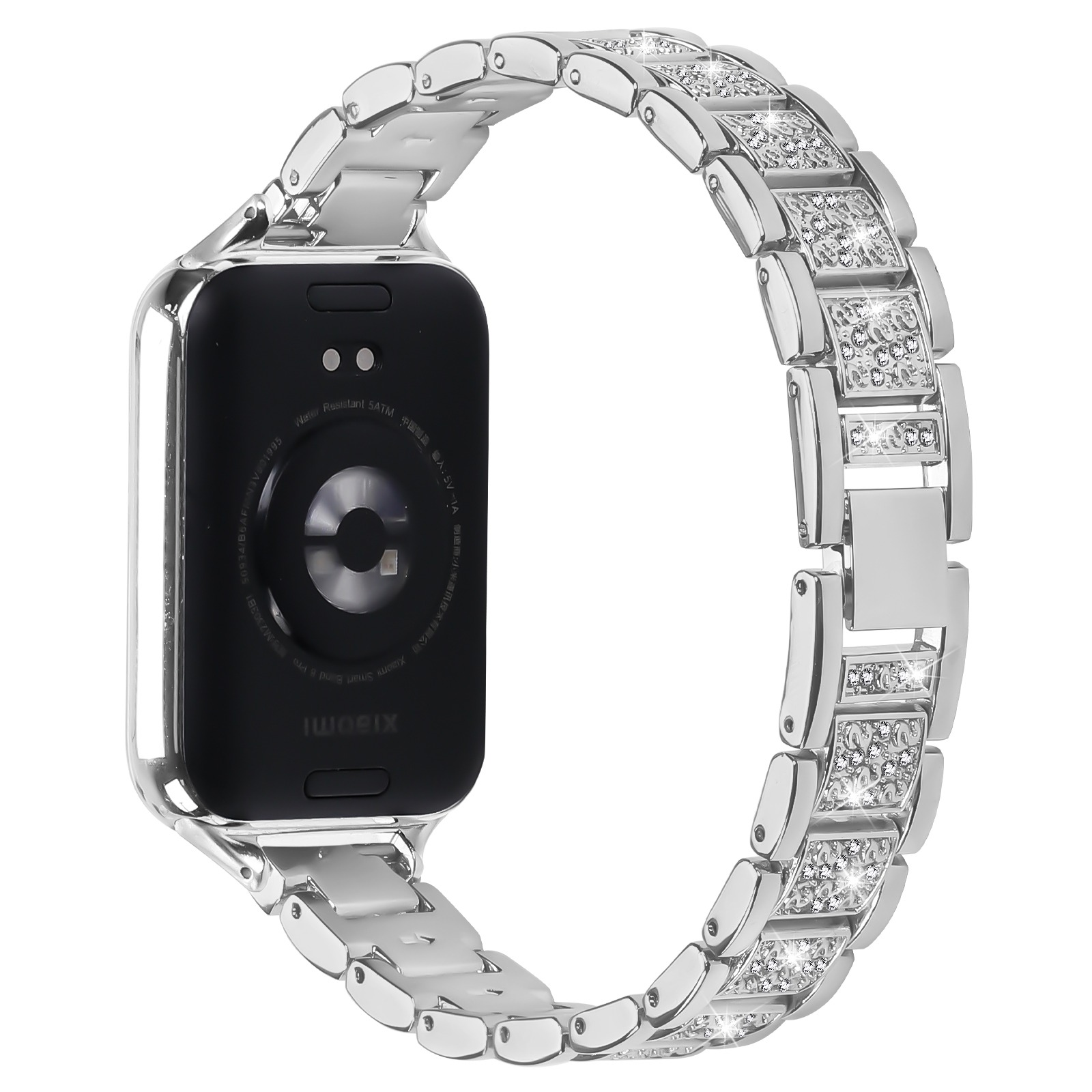 Uno smartwatch argentato con schermo nero e cinturino argentato con strass brillanti. L'orologio è su sfondo bianco.