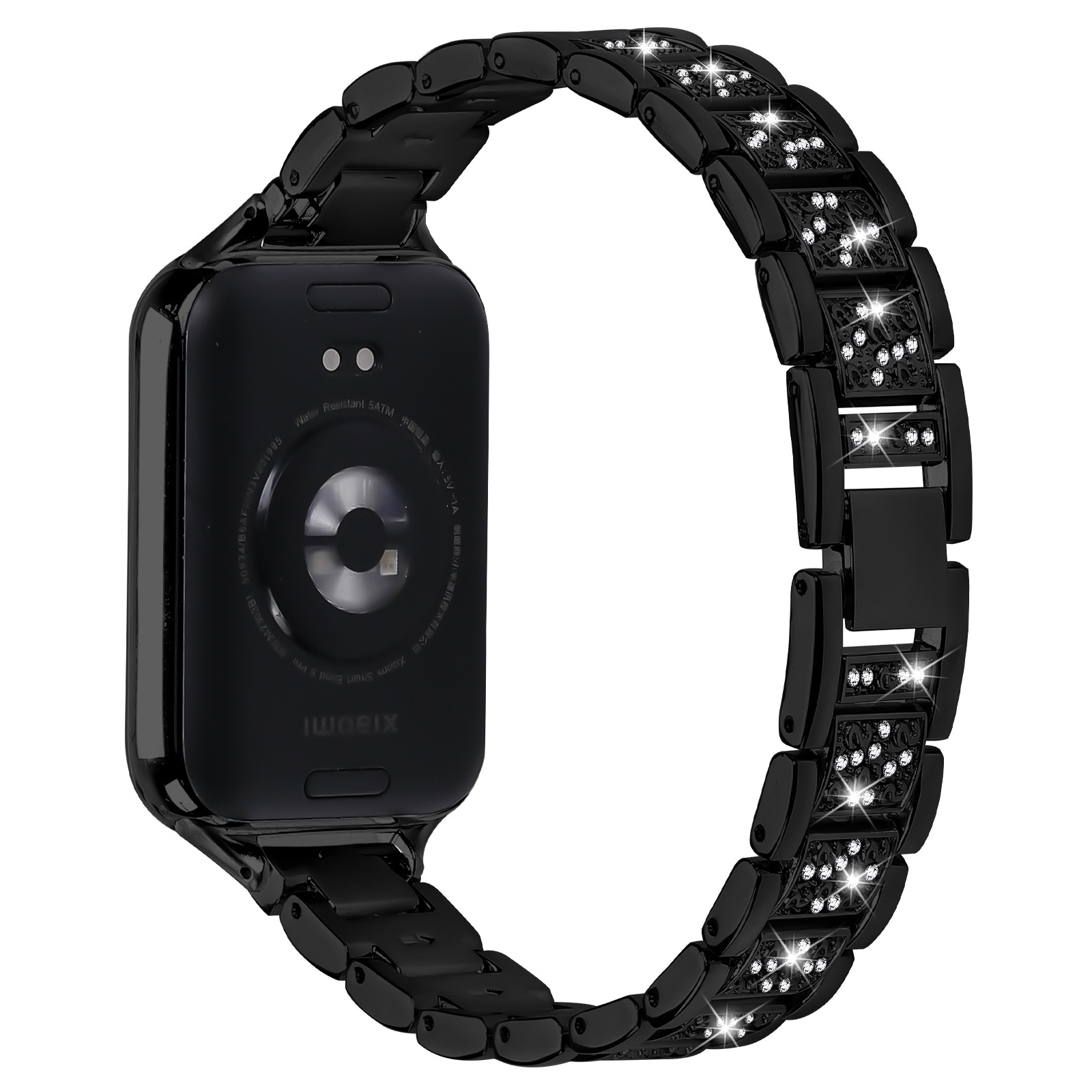 Schwarze Smartwatch mit Metallband, besetzt mit Strasssteinen. Die Uhr vor weißem Hintergrund.