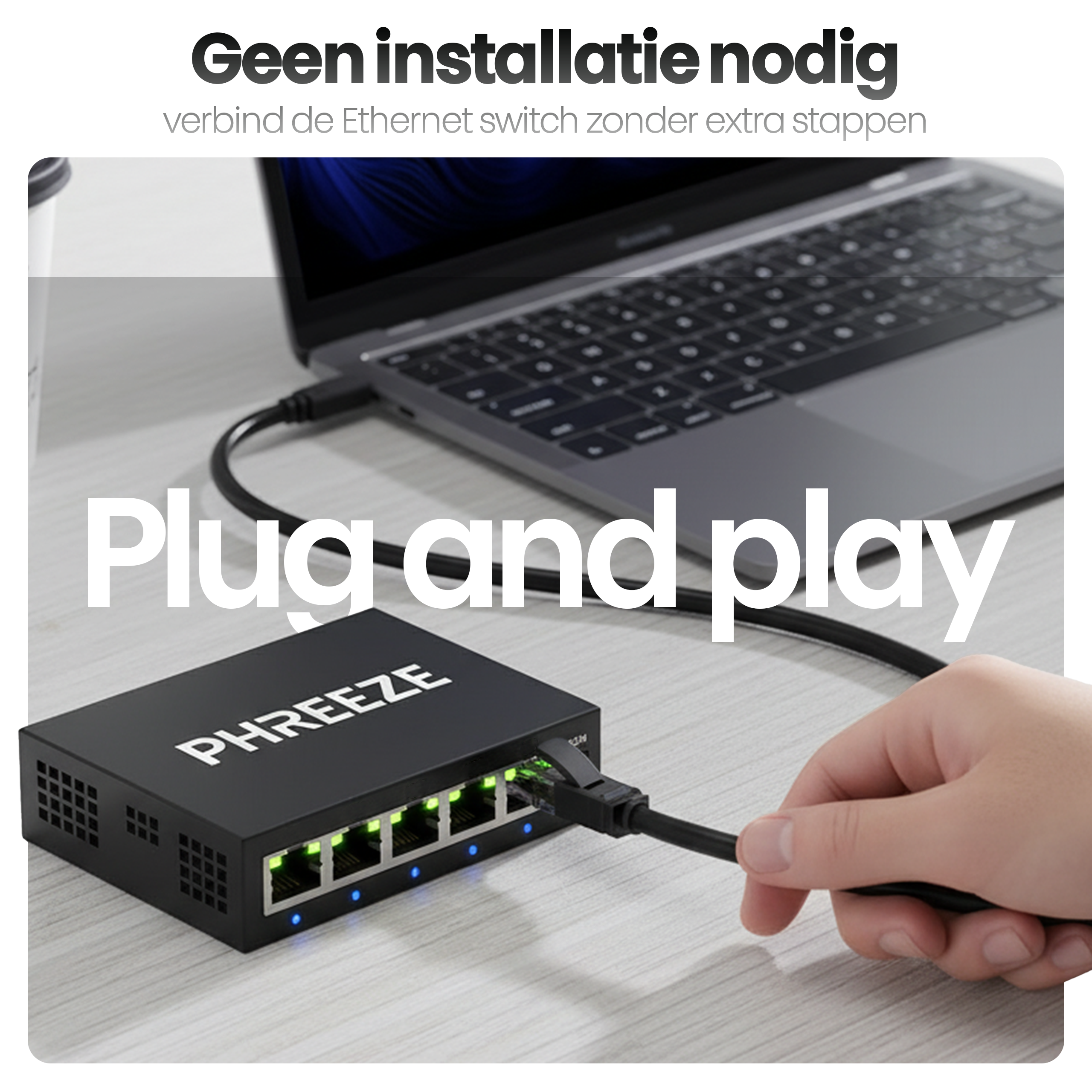 Black network switch connected to a laptop with text 'Plug and Play'. A hand inserts an ethernet cable.