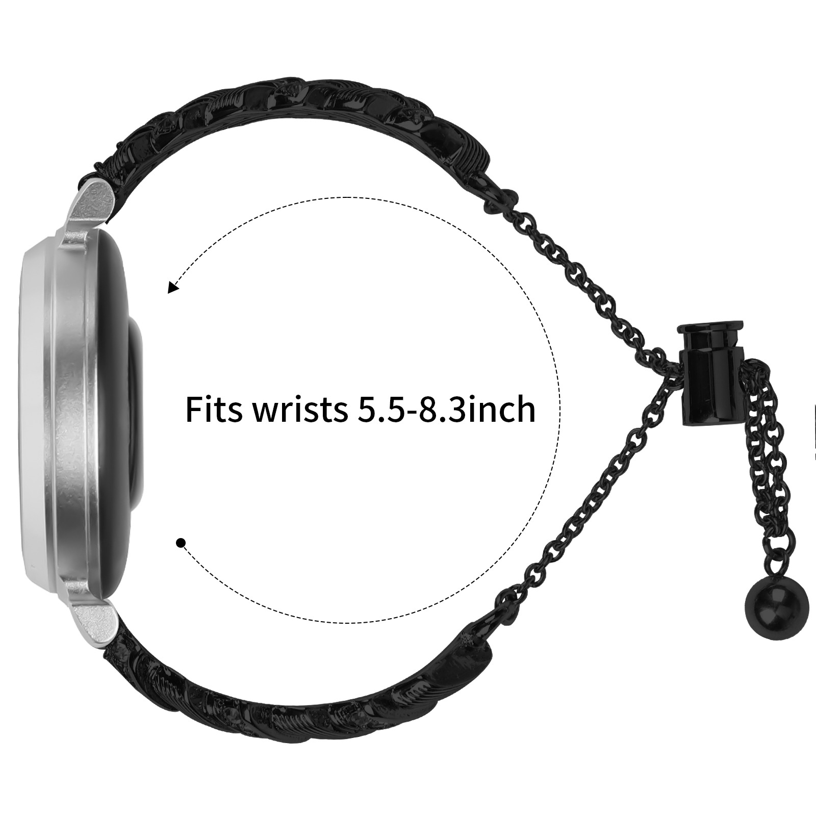 Eine silberne Uhr mit schwarzem Armband, Kette und Kugel. Text: 'Passt für Handgelenke 5,5-8,3 Zoll' mit Pfeil.