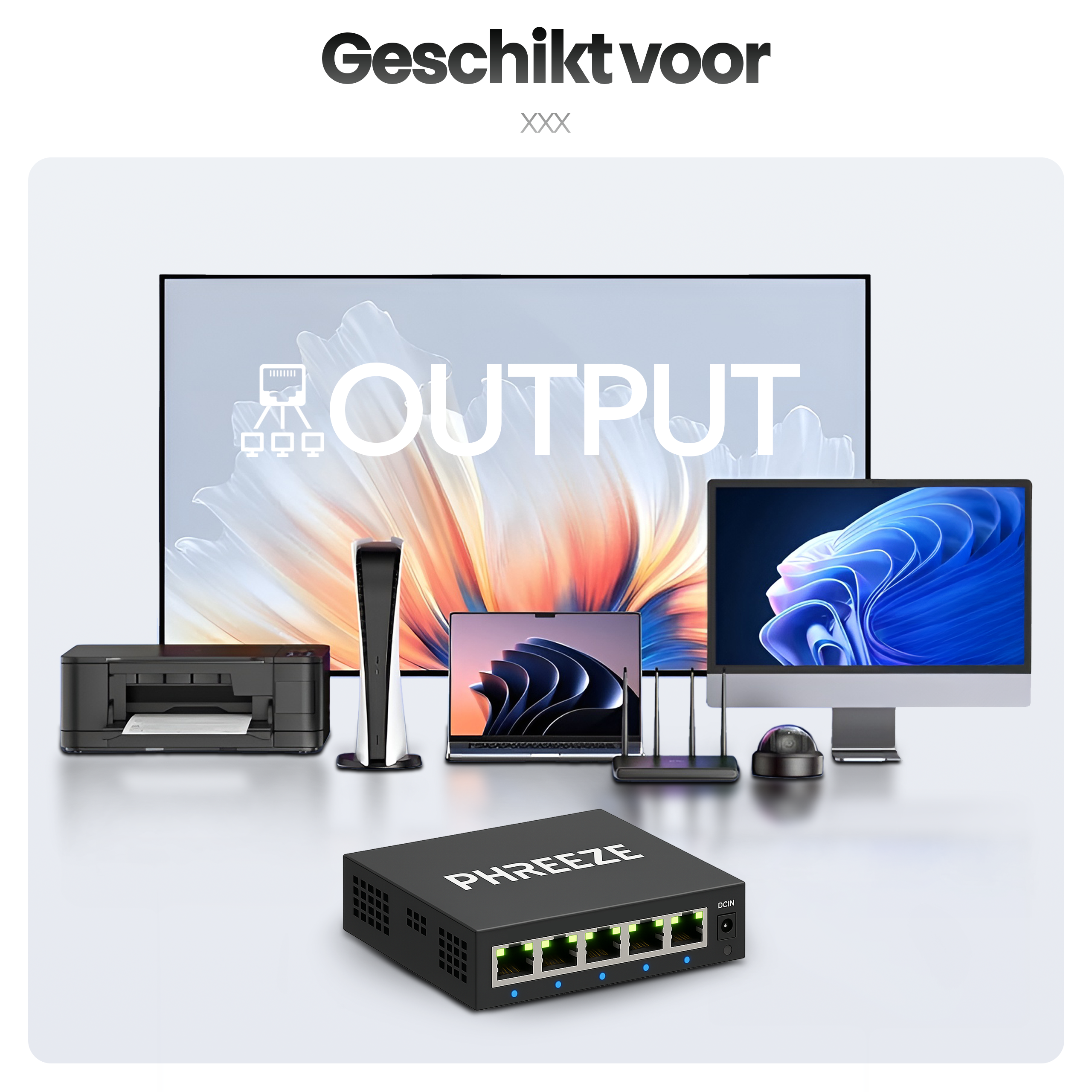 Image shows a black network switch with various devices: printer, PS5, laptop, monitor, and router, against a white background.