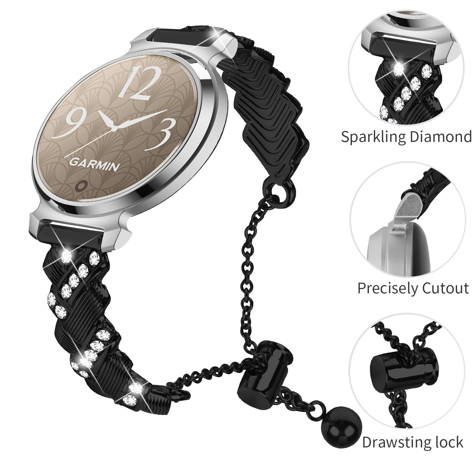 Eine Garmin-Smartwatch mit schwarzem, diamantbesetztem Armband. Details umfassen ein beiges Zifferblatt und einen Kordelzugverschluss.