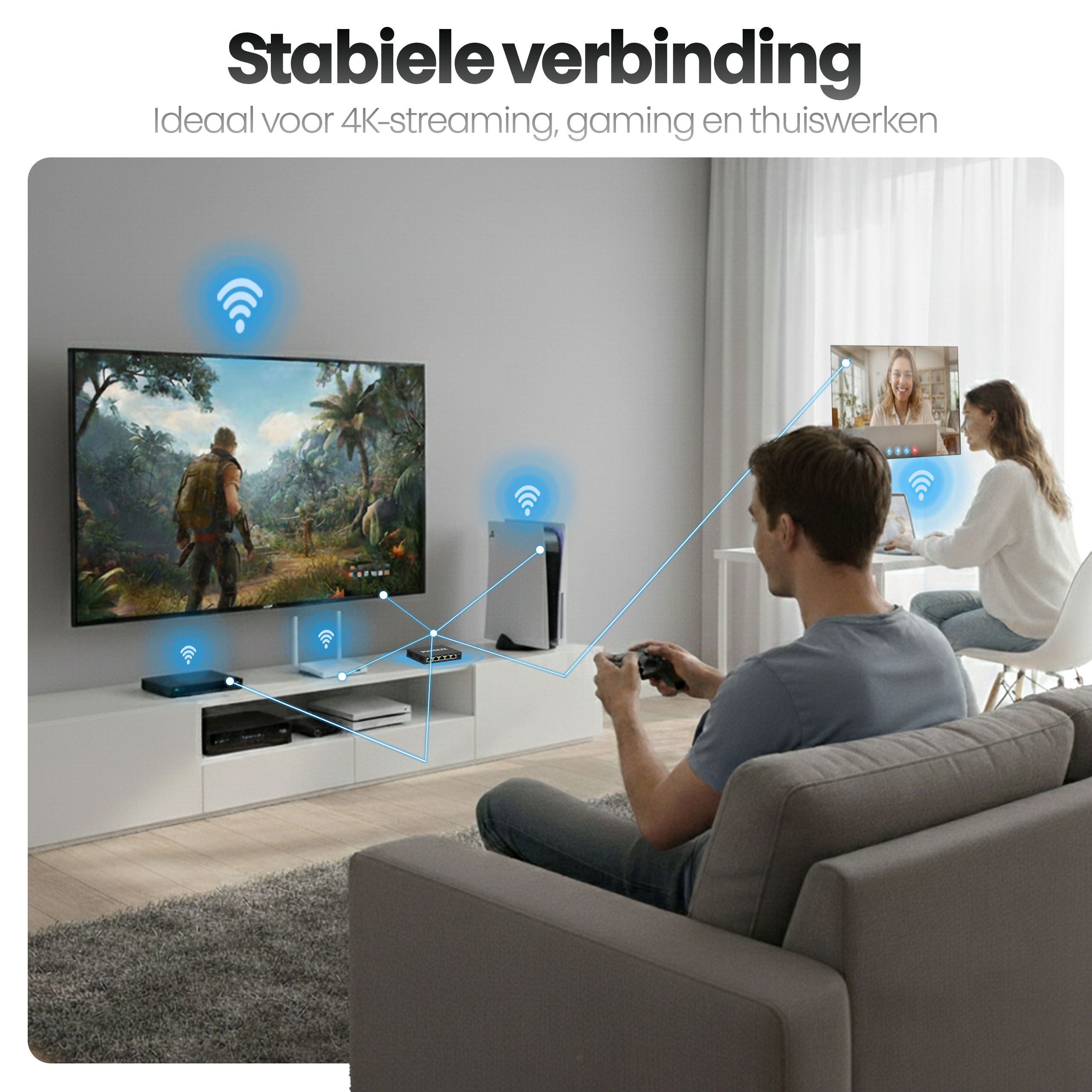 A man plays a game, a woman works on a laptop. A TV and a monitor show images. WiFi icons are present.