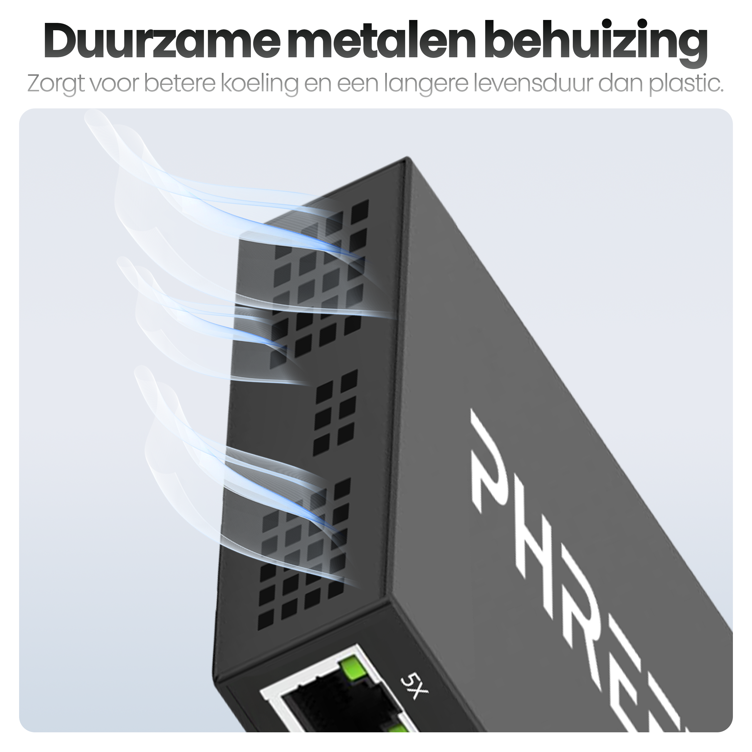 A black metal device with cooling vents, a port, and the text 'PHRE' and '5X'.